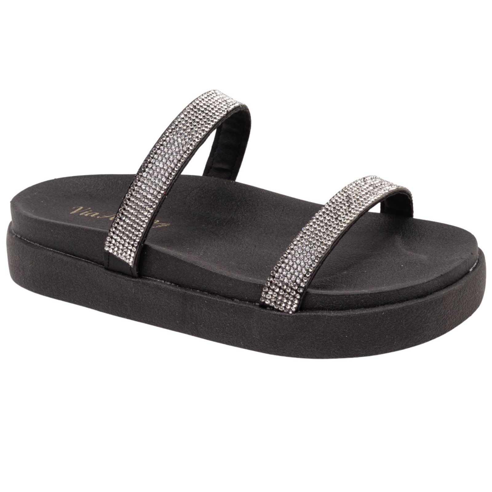 Imagem principal Sandália Feminina Papete Plataforma Flatform Tamanco Tira de Strass Via Angel 7402 . VIA ANGEL preto