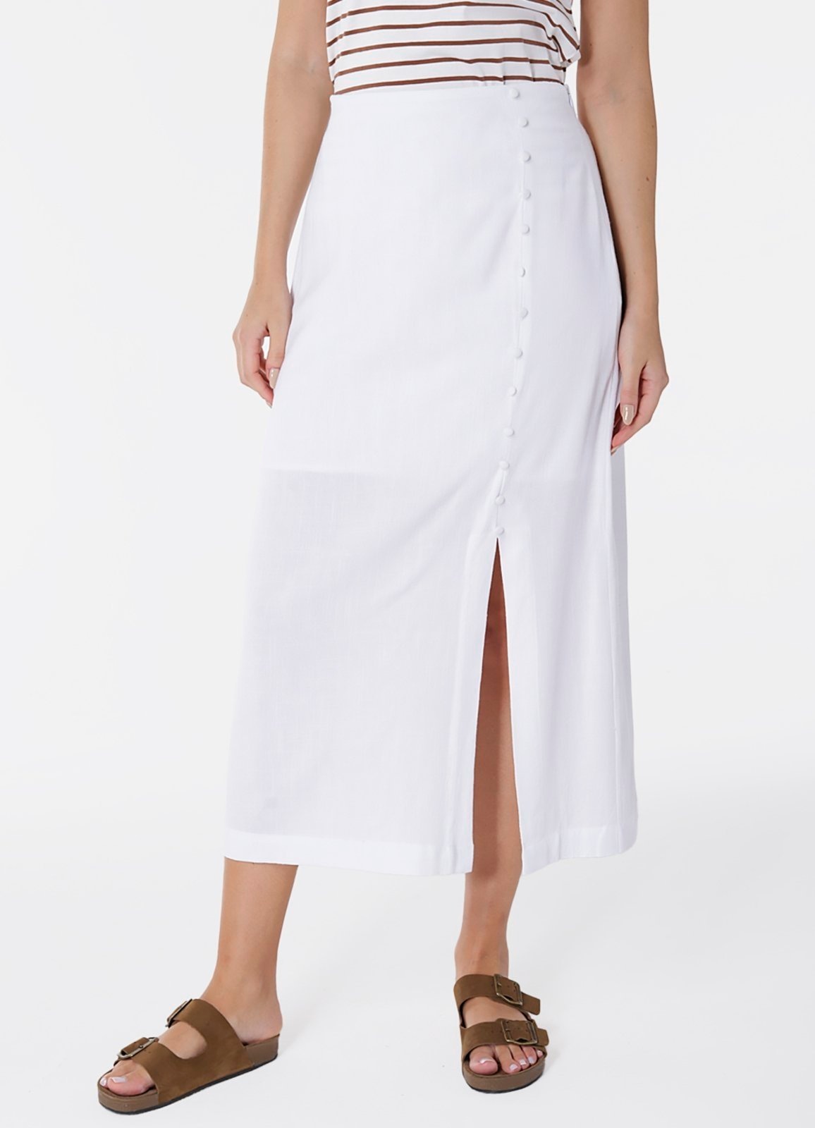 Imagem principal Saia de Linho Longa Branca com Fenda e Botões SOB branco