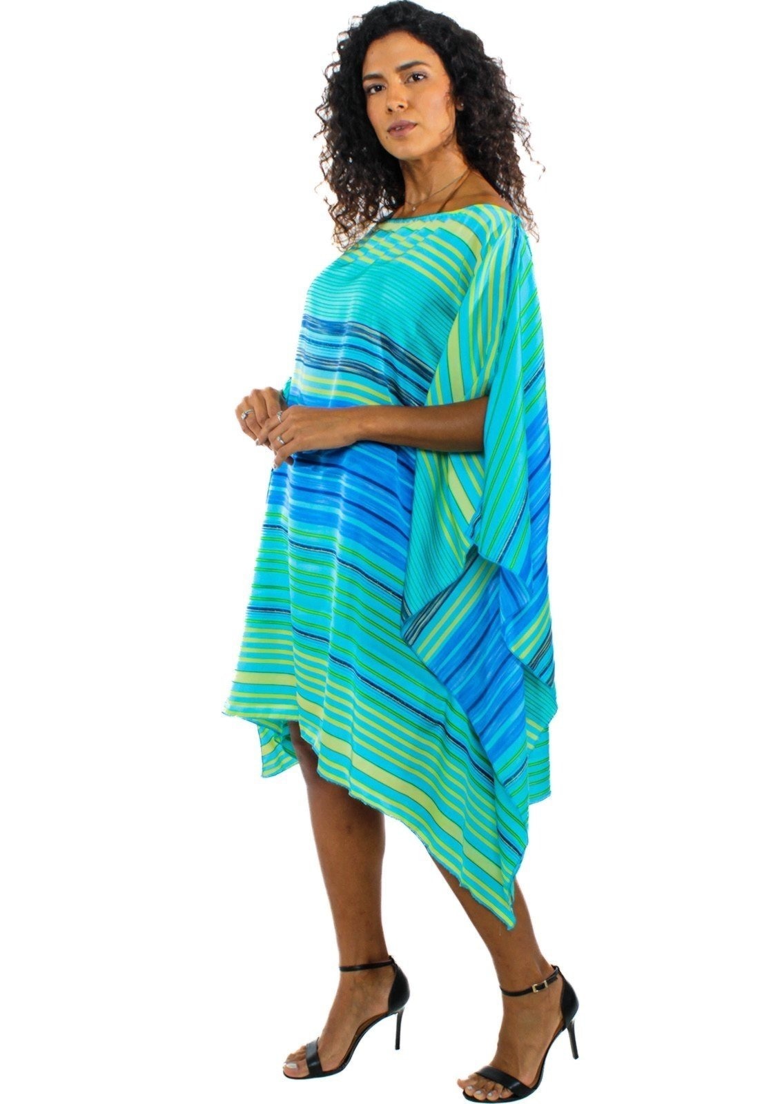 Imagem principal Vestido Kaftan Saída Amplo Crepe Acetinado Estampado Listra Verde 101 Resort Wear azul/verde verde