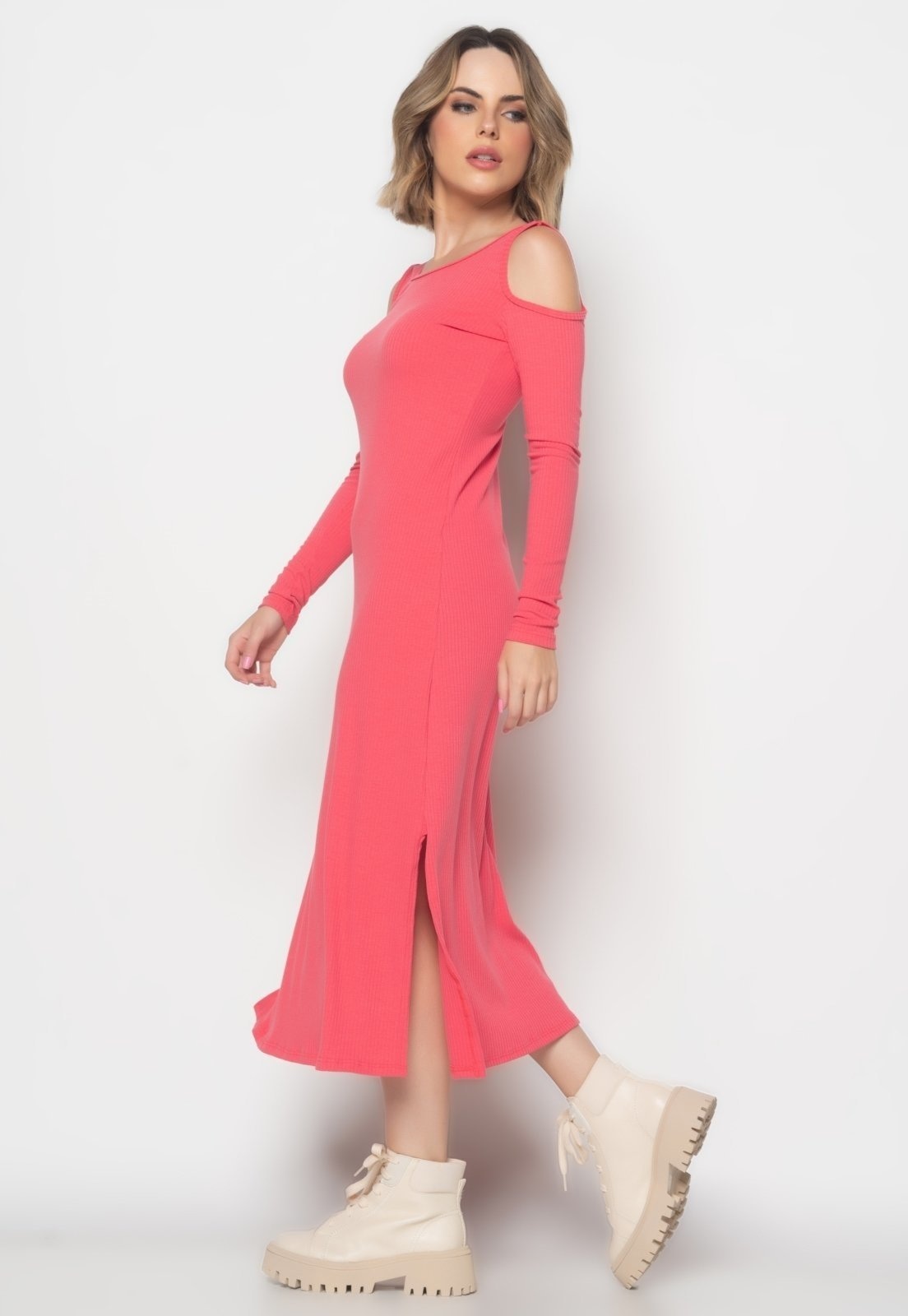 Imagem principal Vestido Midi Ombro Vazado Manga Longa Canelado Salvatore Fashion Melancia Salvatore Fashion rosa