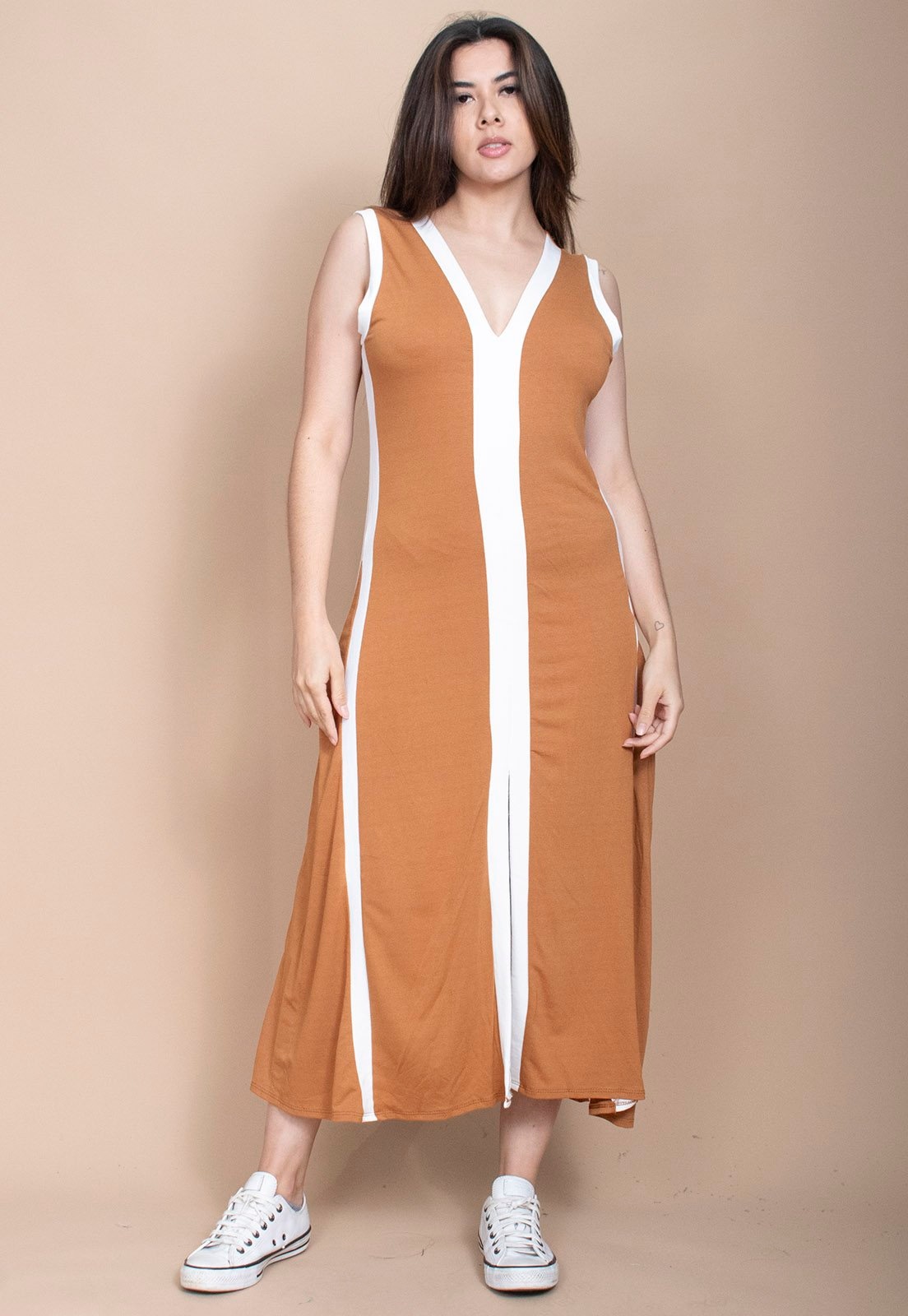 Imagem principal Vestido Cabanafree Midi Fenda Frontal Color Block Laranja Cabanafree off-white
