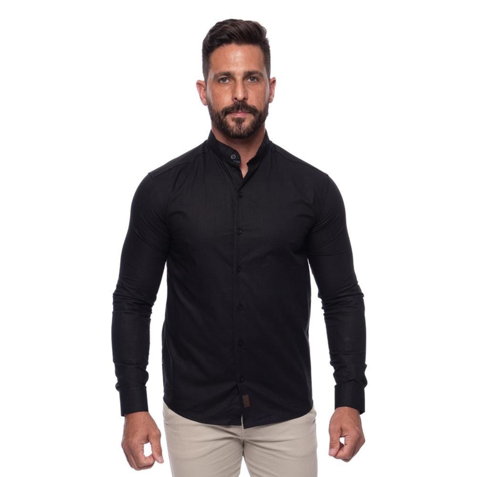 Imagem principal Camisa Masculina Linho Manga Longa Gola Padre Lisa Casual Azul Claro G Preto TEODORO CAMISARIA preto azul