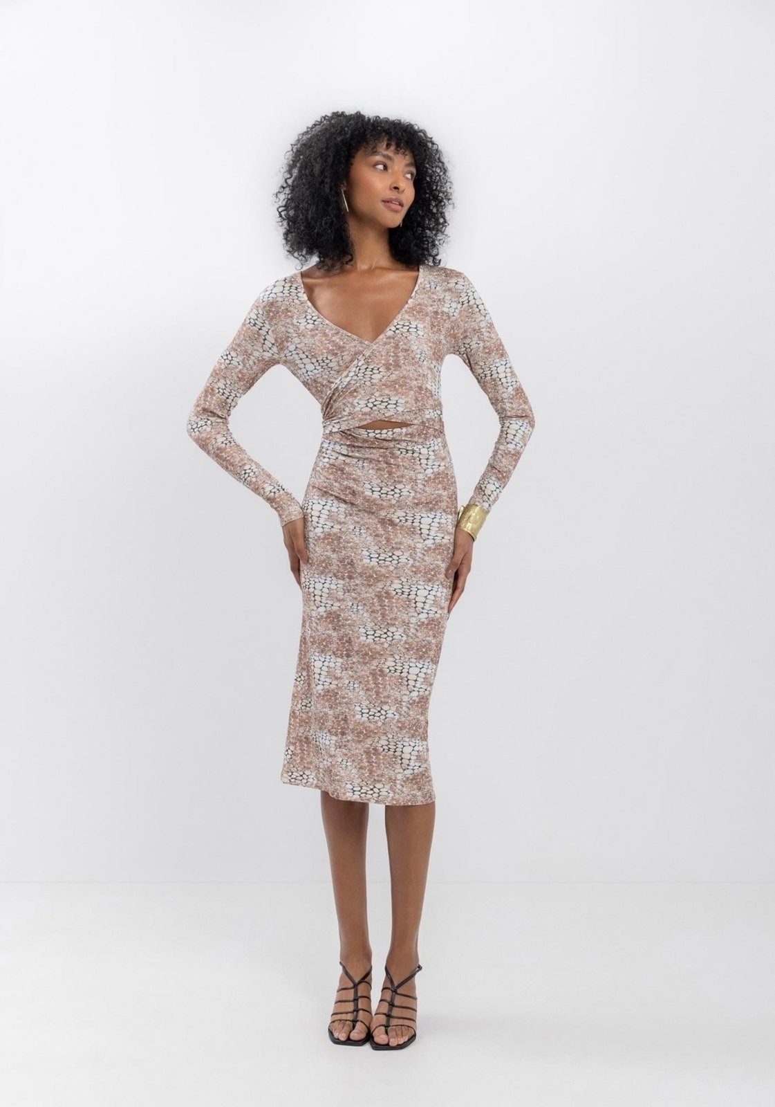 Imagem principal Vestido Estampado Midi Em Malha Canelada Com Recorte Frontal Lez a Lez marrom