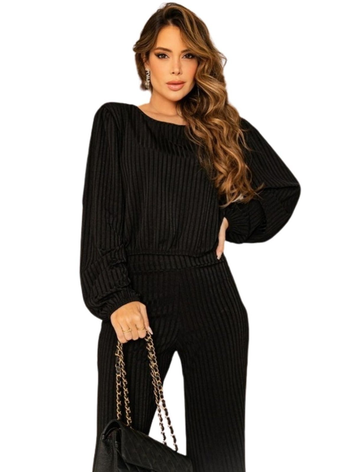 Imagem principal Conjunto Canelado Virginia Calça e Cropped Manga Longa Cia do Vestido preto