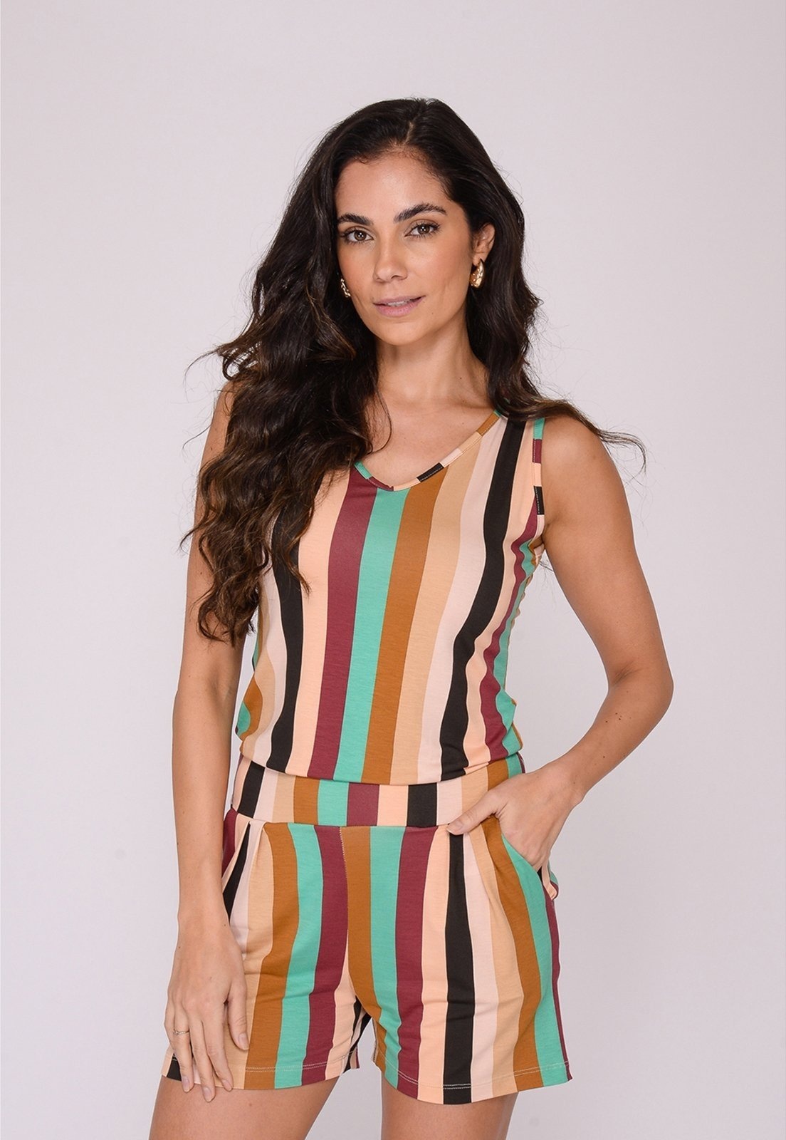 Imagem principal Macaquinho Alças Largas Bolsos B'Bonnie Dulce BBonnie listra/marrom