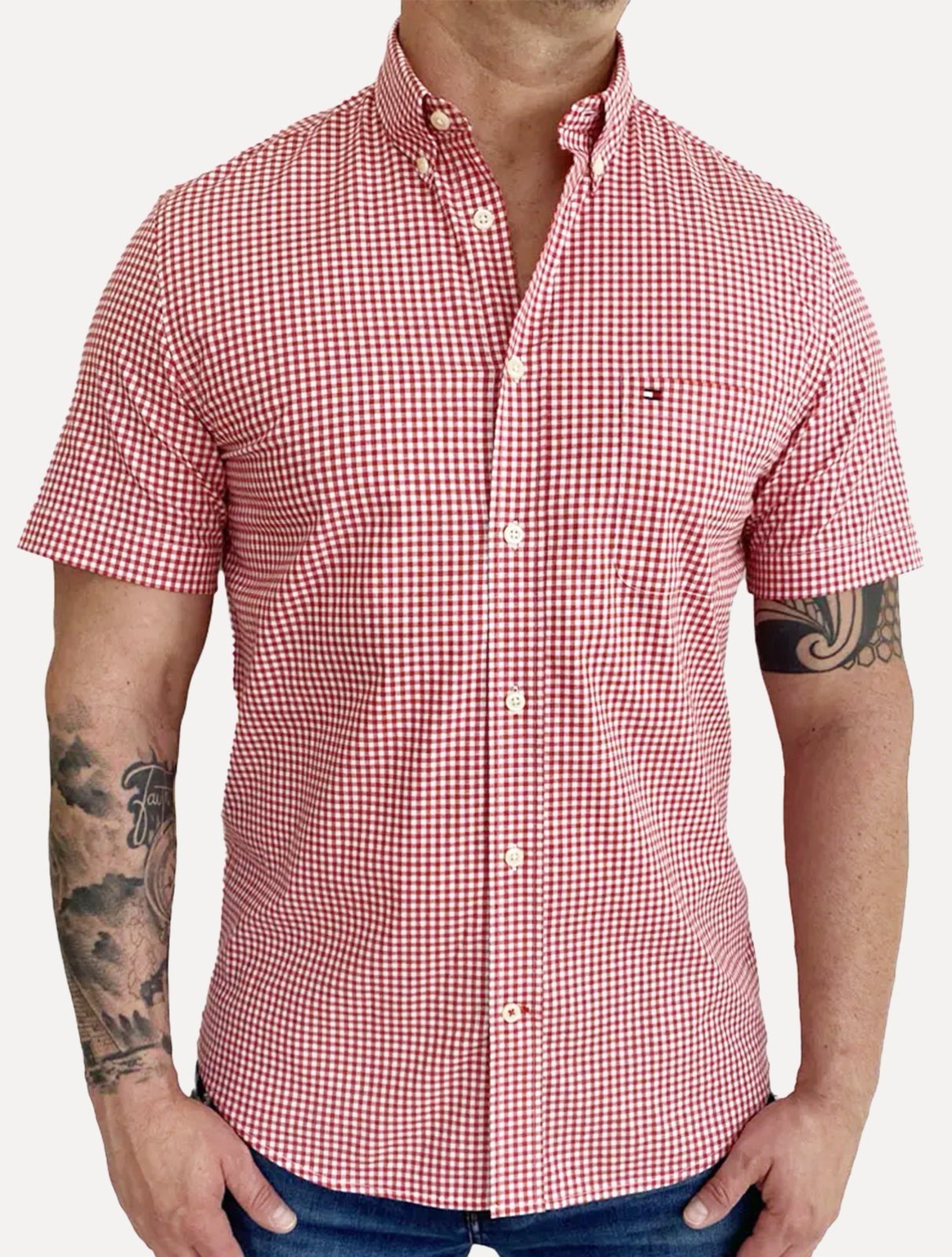Imagem principal Camisa Tommy Hilfiger Masculina Manga Curta Xadrez Gingham Branca/Vermelha Tommy Hilfiger vermelho