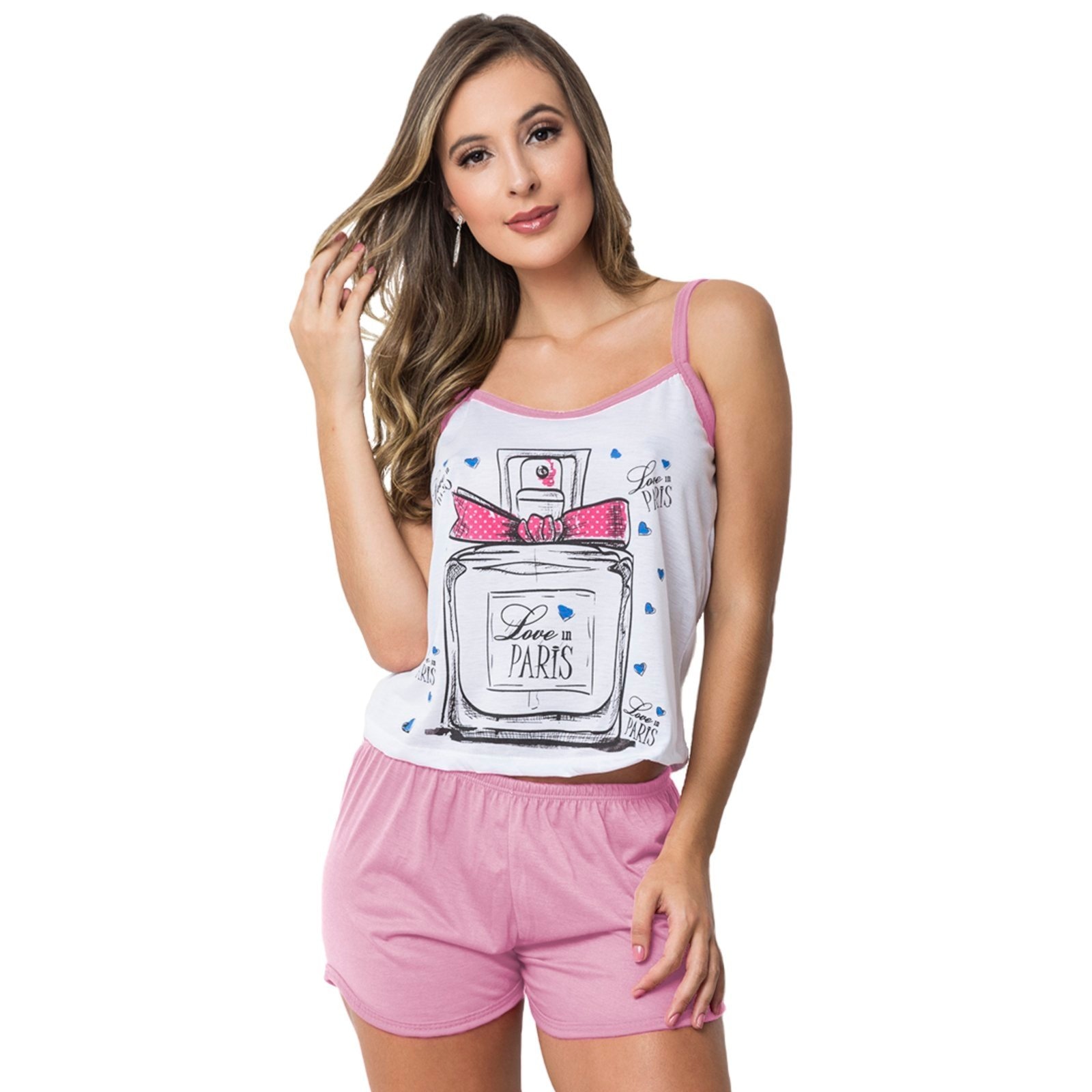 Imagem principal Baby Doll Gabi Lingerie Estampado Malha Alcinha Short Verão Pijama Curto Claro Gabi Lingerie rosa