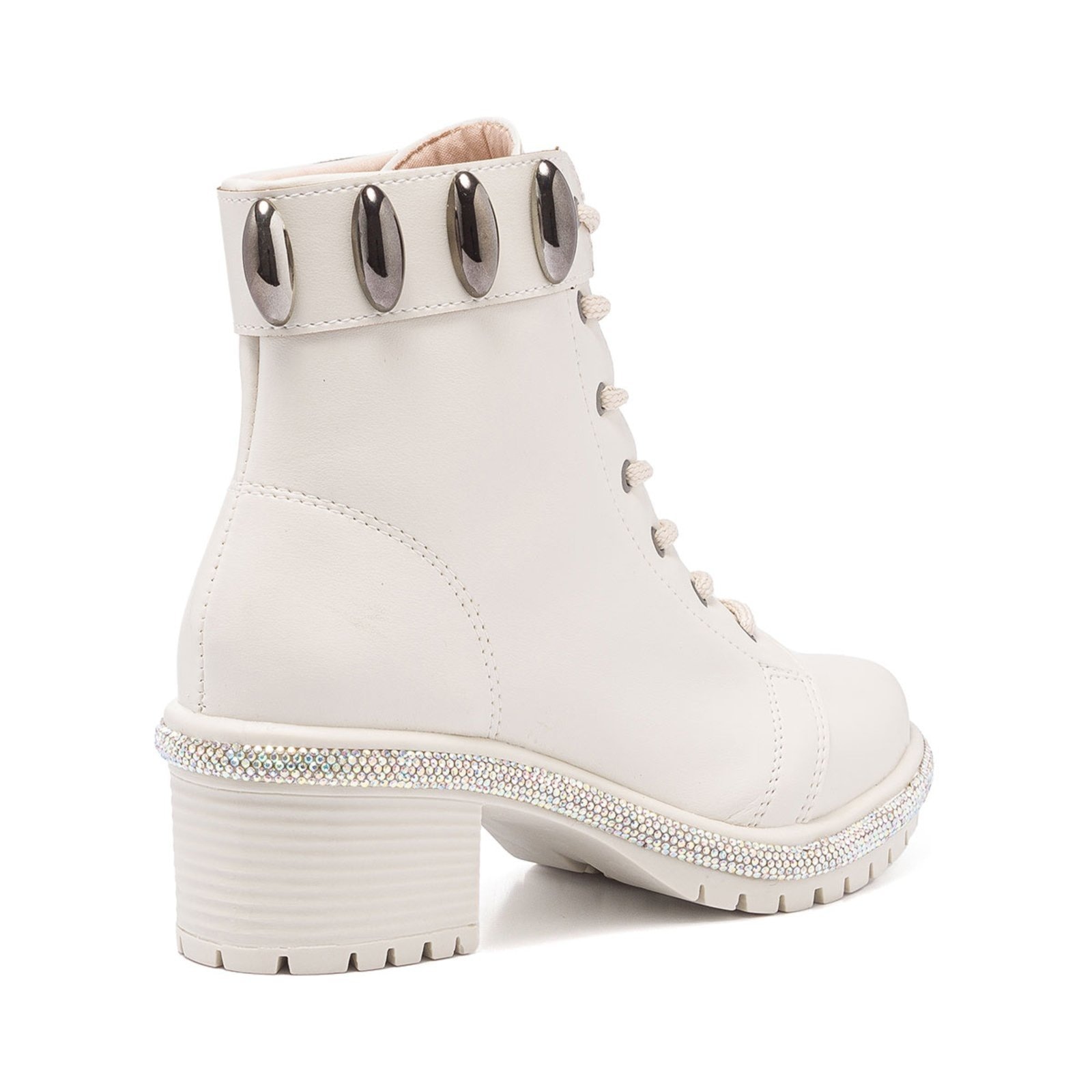 Imagem principal Bota Coturno Feminino Stessy Shoes Cano Baixo Strass Tratorada Lesma Moda Off White Stessy Shoes prata velho white