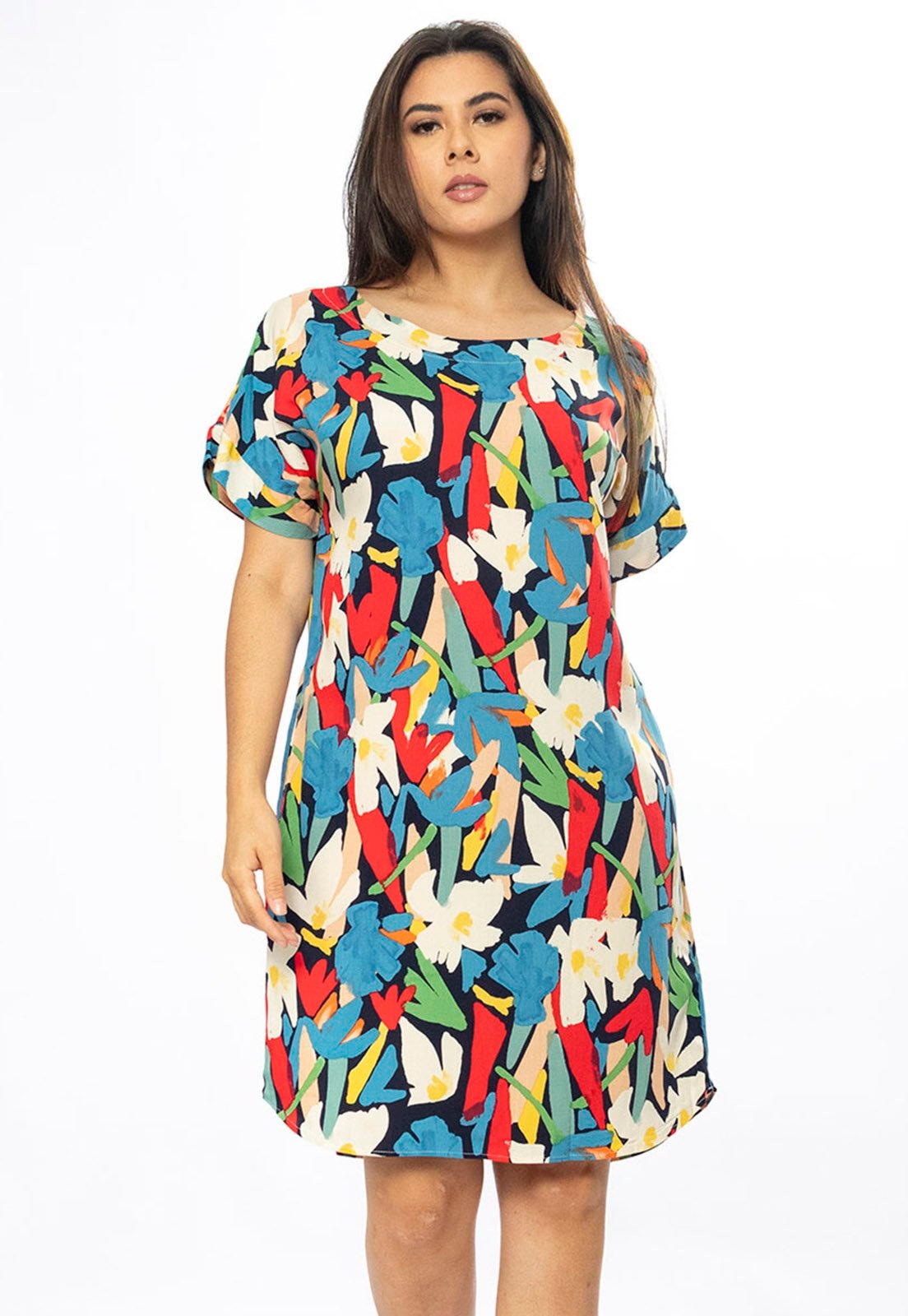 Imagem principal Vestido Curto Cabanafree Viscose com Bolso Estampa Floresce Cabanafree amarelo/estampado/laranja