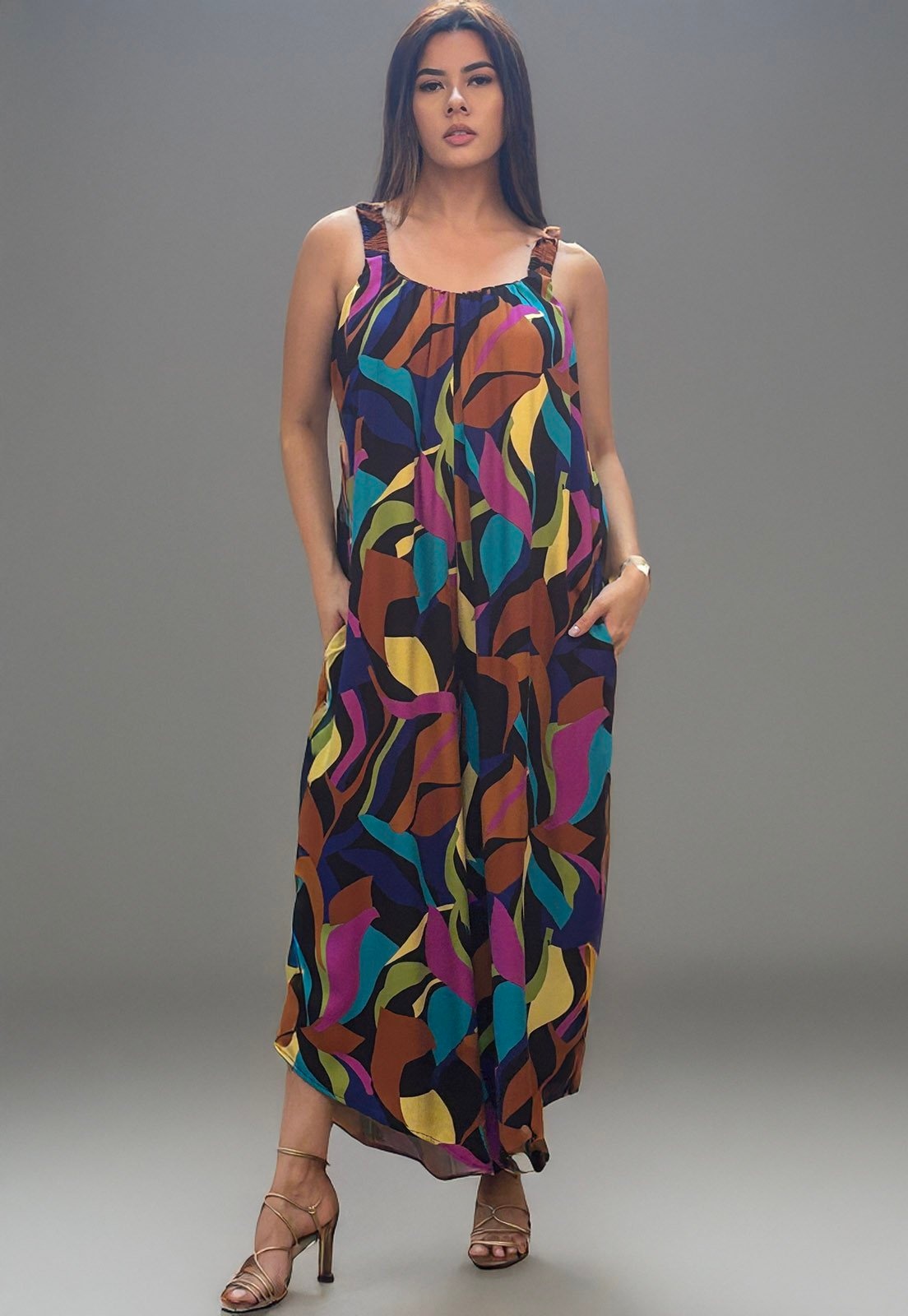 Imagem principal Macacão Amazonia Vital Saruel Viscose Alça com Elástico Estampa Aurora Urbana Amazonia Vital azul/estampado/multicolorido/preto/roxo