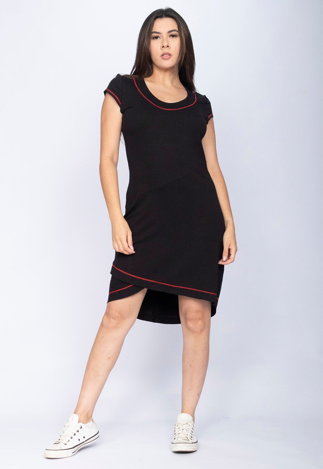 Imagem principal Vestido CabanaFree Mullet Malha Transpassado com Detalhe Vermelho Cabanafree preto