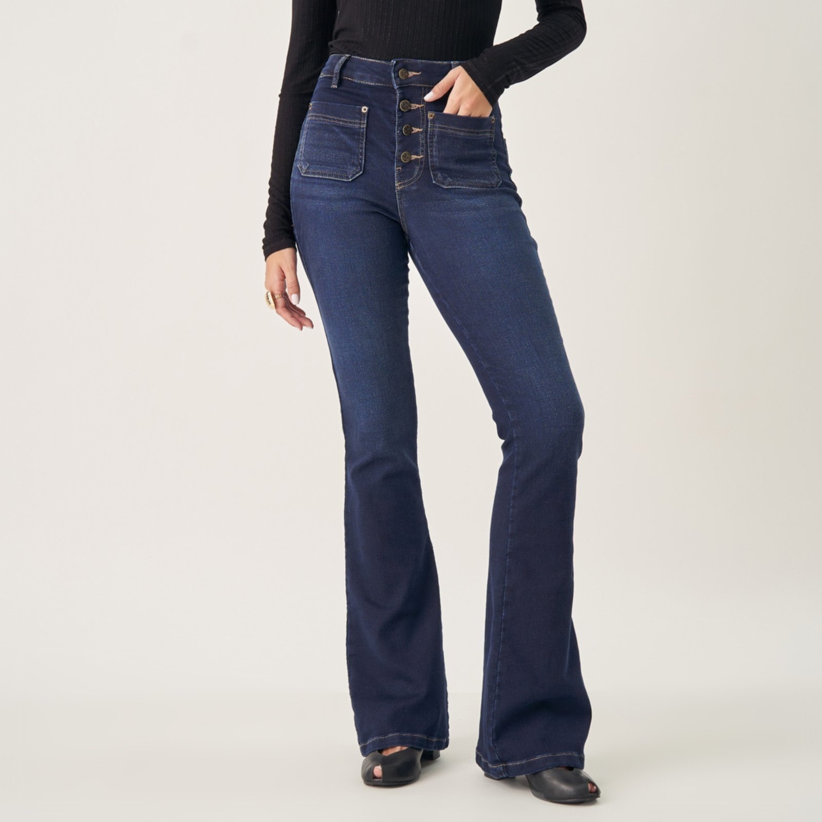 Imagem principal Calça Jeans Color Flare Taty Cintura Alta Bolsinhos Bloom azul marinho