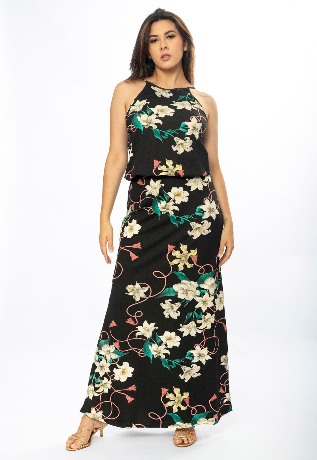 Imagem principal Vestido Longo Cabanafree Malha Trapézio com Elástico na Cintura Flores Ébano Cabanafree branco/estampado/laranja