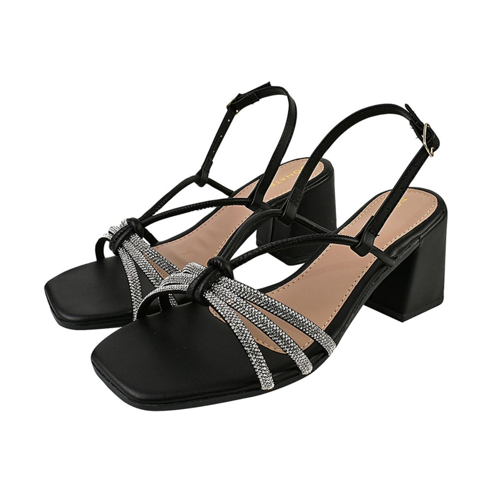 Imagem principal Sandália Feminina CM Calçados Bico Quadrado Salto Alto Casual Santorine Brilho Strass Monte Shoes preto