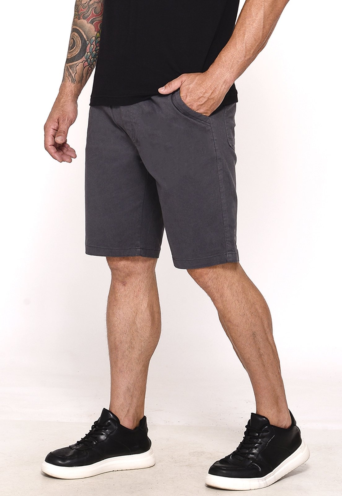 Imagem principal Bermuda Masculina Sarja Cós Elástico Casual Confortável Estilo Urbano Cinza Escuro Macaw amarelo