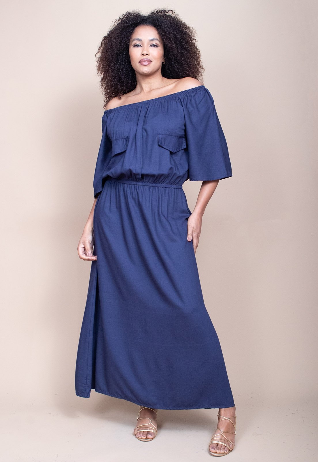 Imagem principal Vestido Midi Cabanafree Ciganinha Viscose com Lapela Marinho Cabanafree azul
