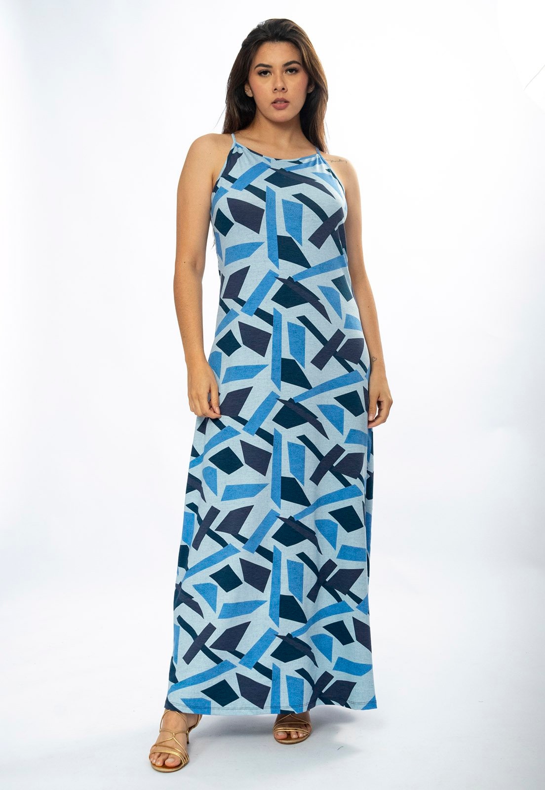 Imagem principal Vestido Longo Amazônia Vital Malha Trapézio Estampa Caminhos de Azul Amazonia Vital azul marinho