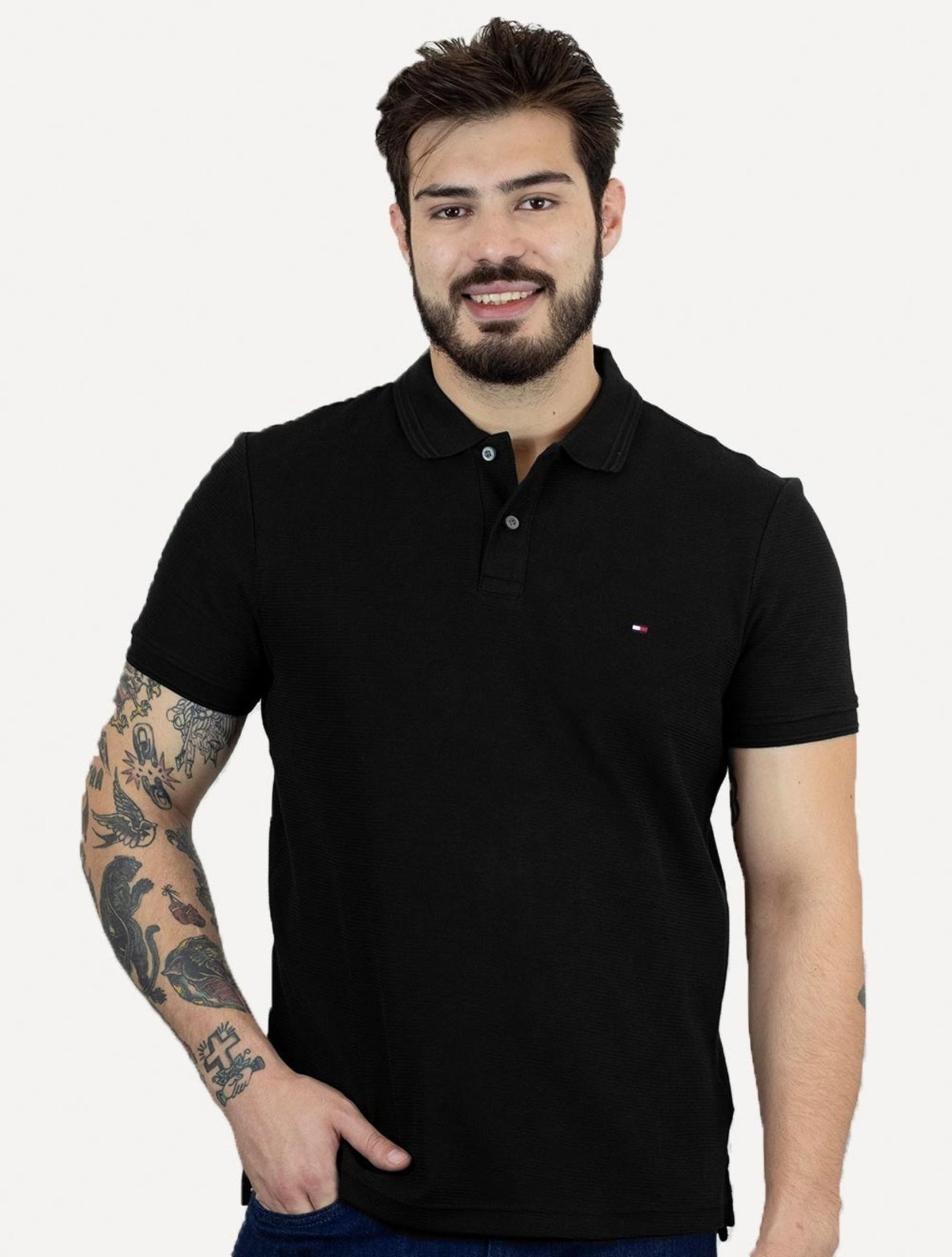 Imagem principal Polo Tommy Hilfiger Masculina Mercerised Jacquard Preta Tommy Hilfiger preto
