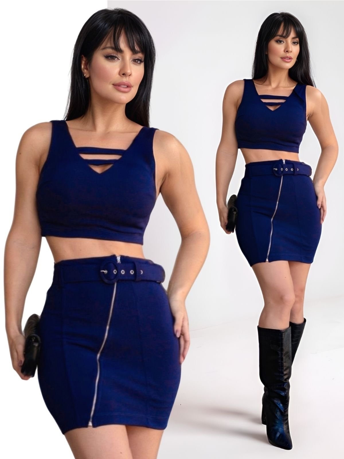 Imagem principal Conjunto Feminino Tropical Fashion Cropped Vazado Saia com Zíper TROPICAL FASHION azul marinho