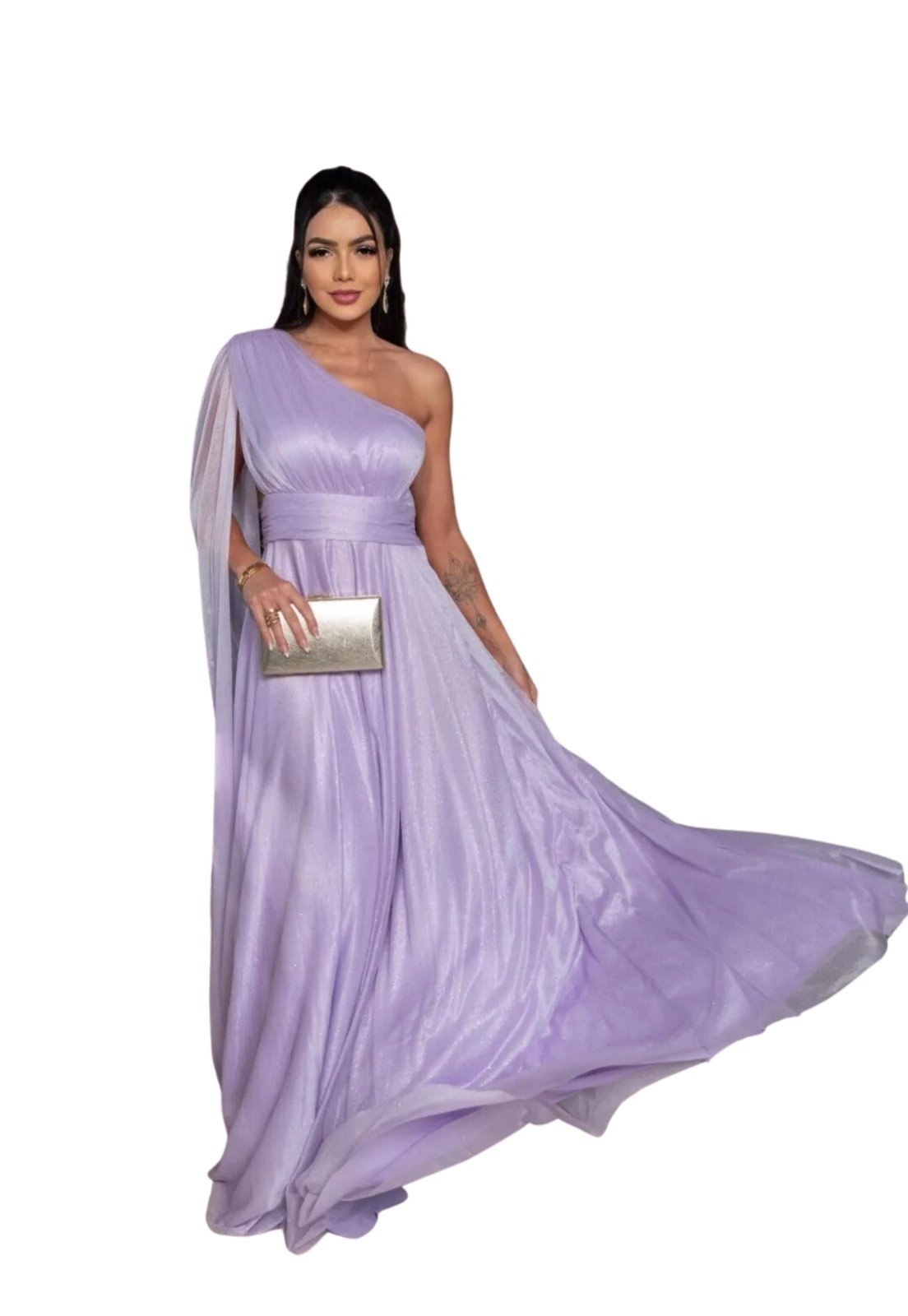 Imagem principal Vestido Longo de Festa Micro tule Com Brilho uma Manga Sueli Lavanda Lilás Cia do Vestido lilás lavanda