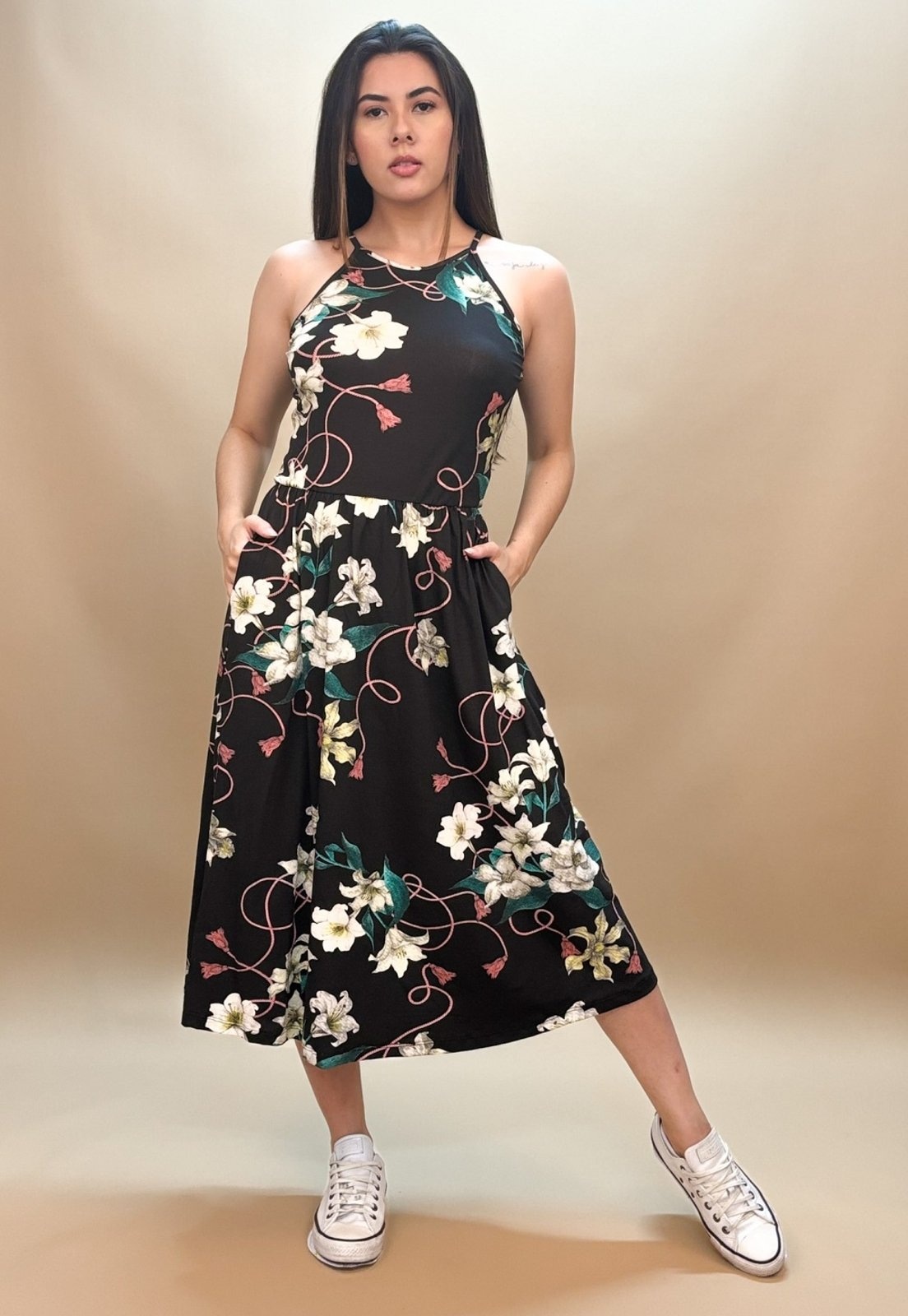 Imagem principal Vestido Midi Jennifer Malha Trapézio com Bolso Estampa Cabanafree floral/preto