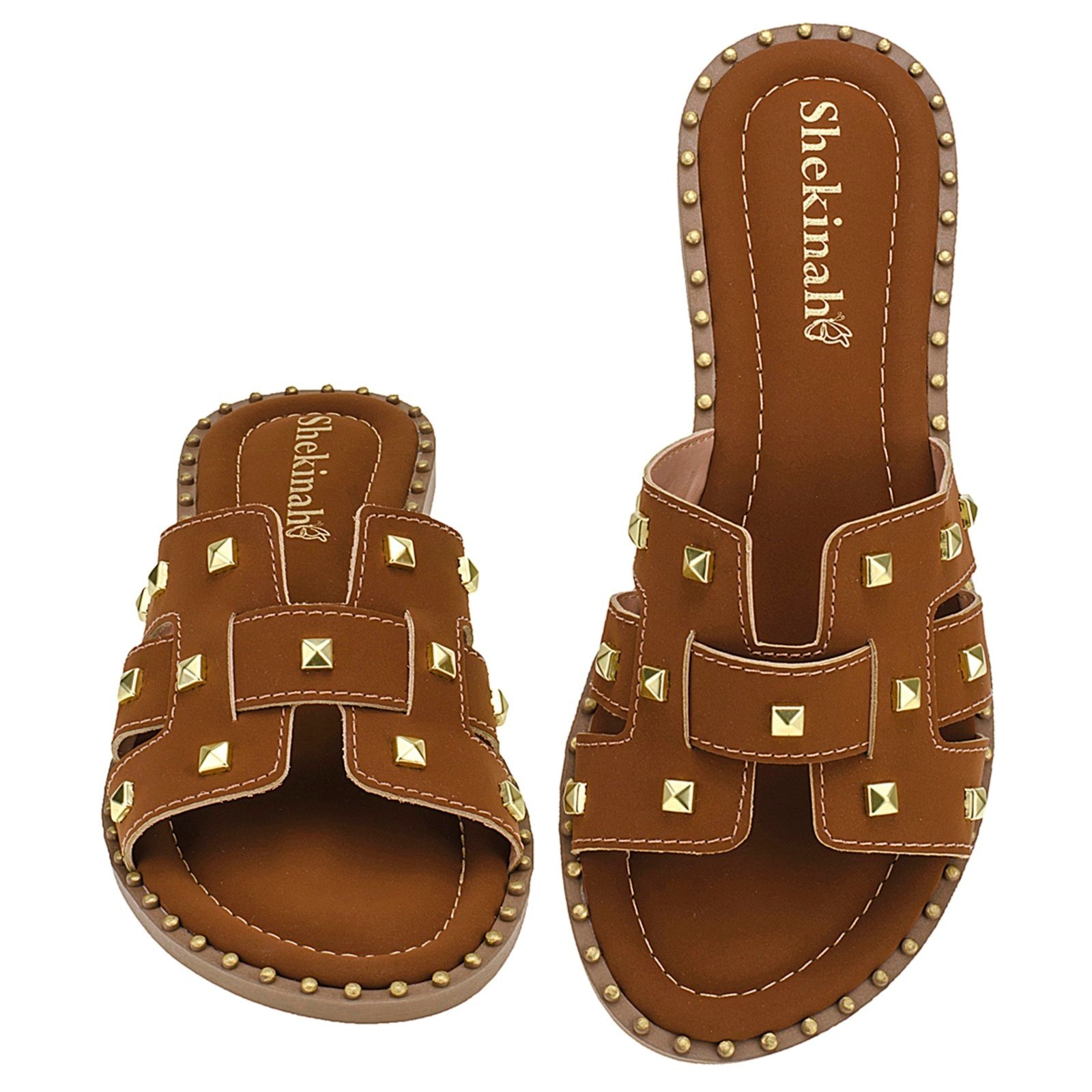 Imagem principal Sandália Rasteirinha Rasteira Shekinah Spike Brilho Confortável Sola Tachas Lançamento Shekinah caramelo