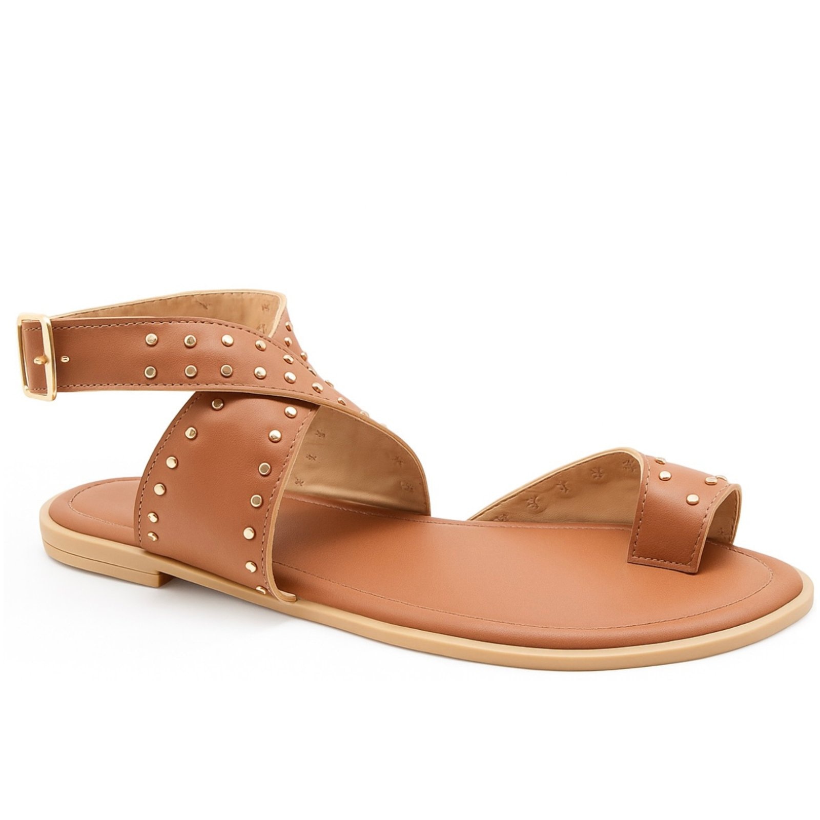 Imagem principal Sandália Feminina Rasteirinha Cruzada Com Tachinhas Delicada E Confortável Caramelo 300 Flor da Pele marrom