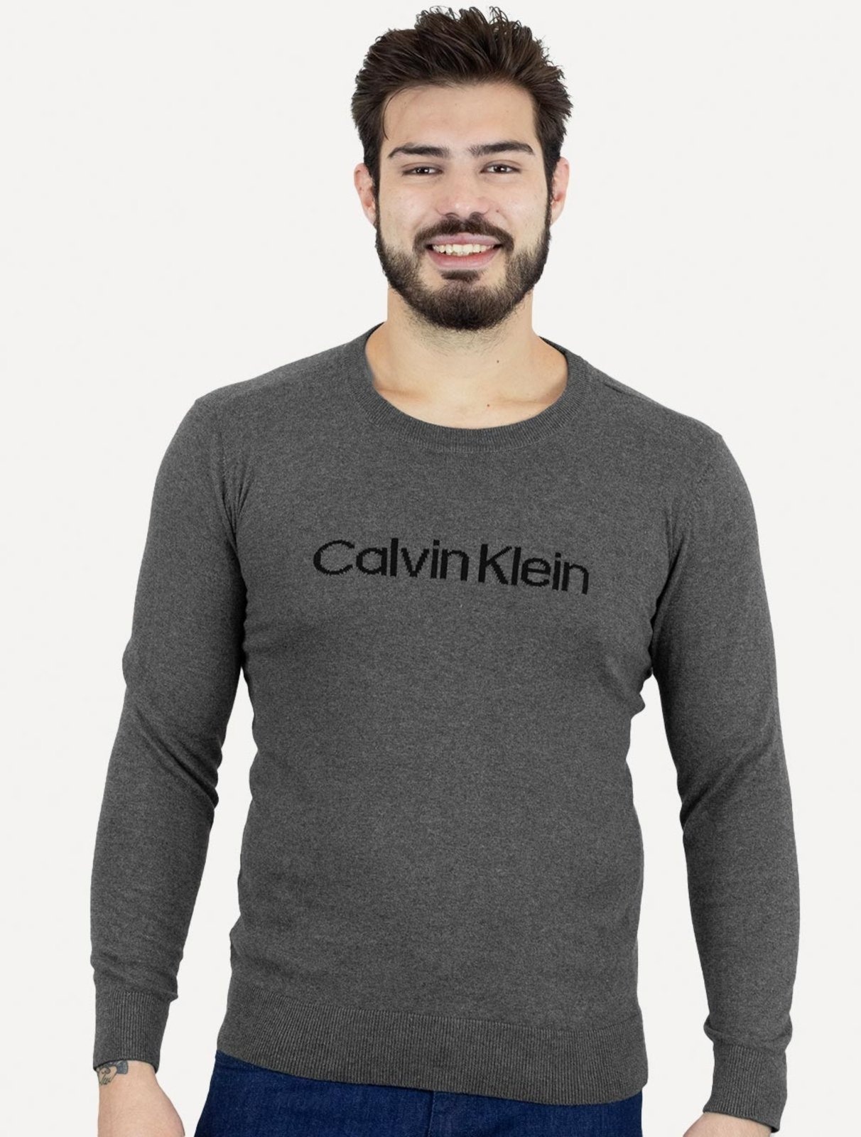 Imagem principal Suéter Calvin Klein Masculina Tricot Front Logo Chumbo Calvin Klein cinza