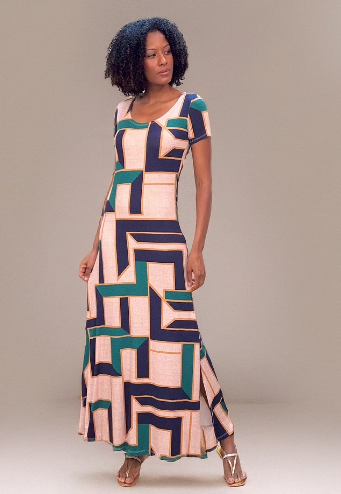 Imagem principal Vestido Longo Malha Gola Canoa Manga Curta Estampa Chapada de Areia Cabanafree bege/estampado/multicolorido