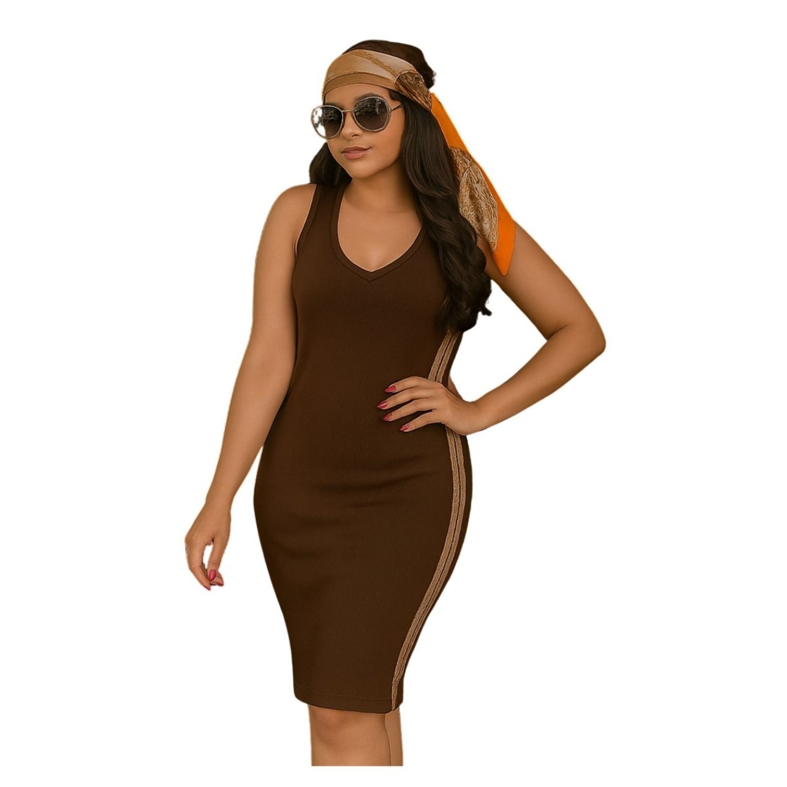 Imagem principal Vestido FMF Feminino Midi Tricô Listrado Justo Corpo Elegante Premium FMF marrom