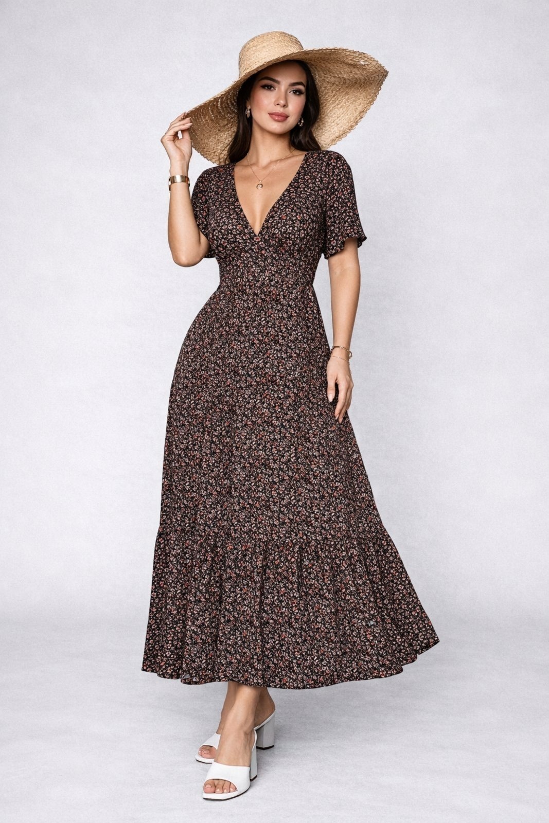 Imagem principal Vestido Longo D Bell Outlet Fashion Gola V Estampado D BELL OUTLET FASHION preto