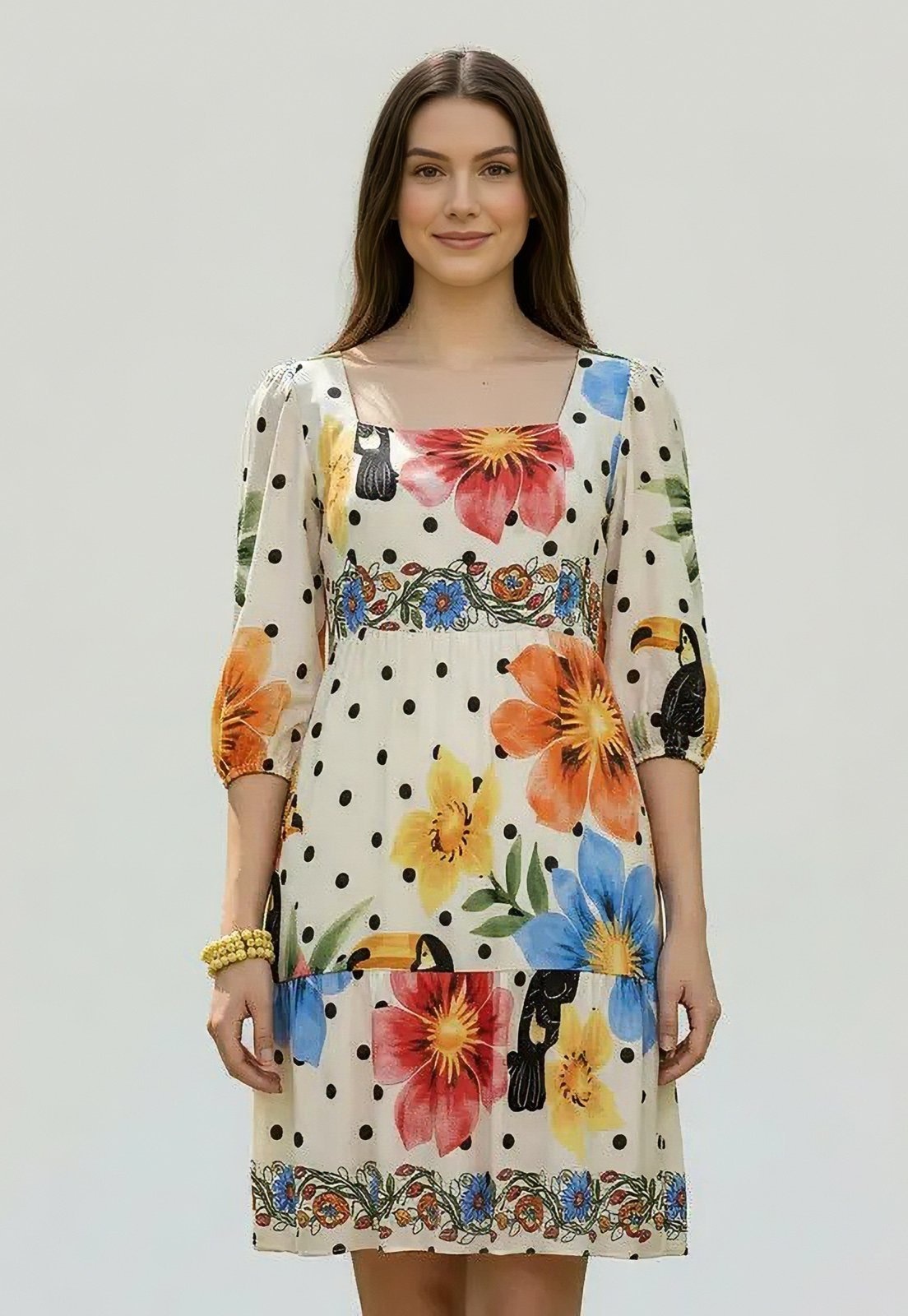 Imagem principal Vestido CabanaFree Curto Manga 3/4 Estampa Jardim do Tucano Cabanafree estampado/off-white