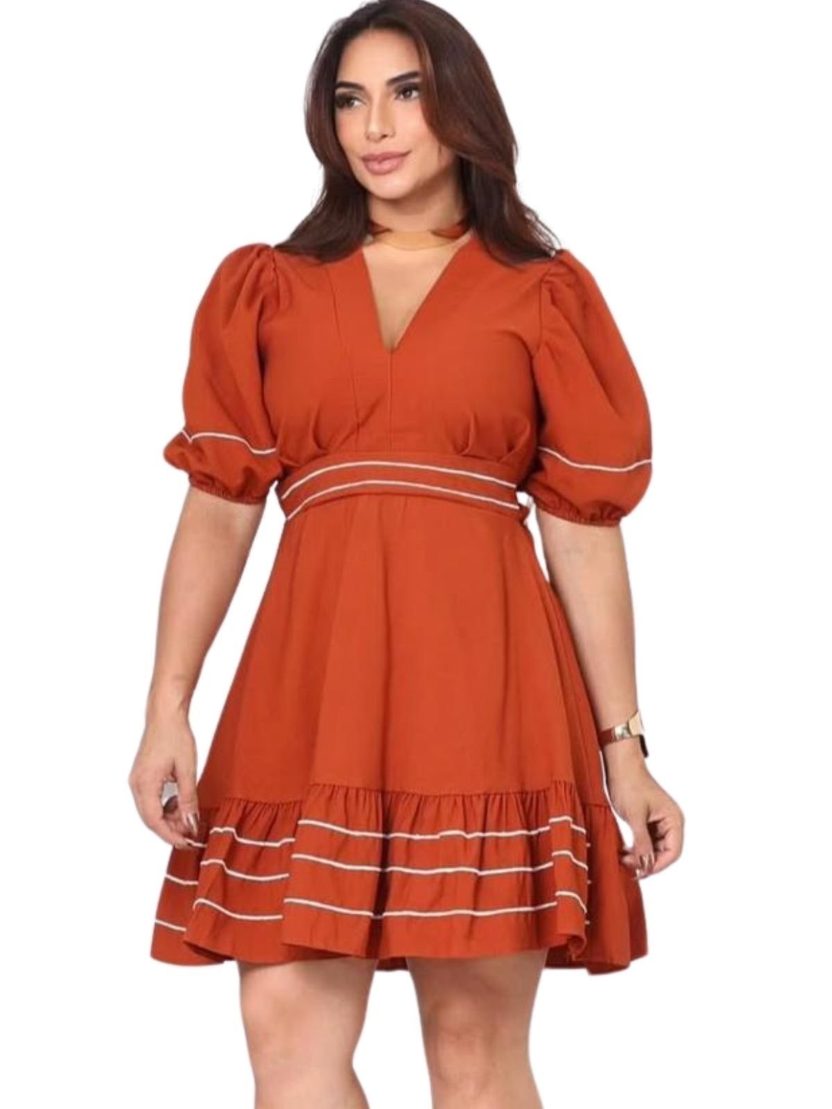 Imagem principal Vestido Summer body Feminino Curto com Babado & Manga Bufante Terracota Summer Body caramelo