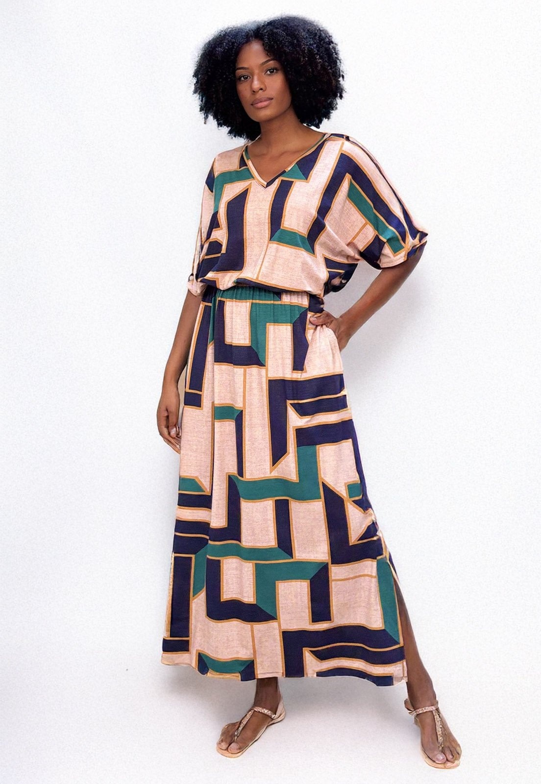 Imagem principal Vestido Longo Plano Estampa Chapada de Areia Cabanafree azul/bege/estampado/verde