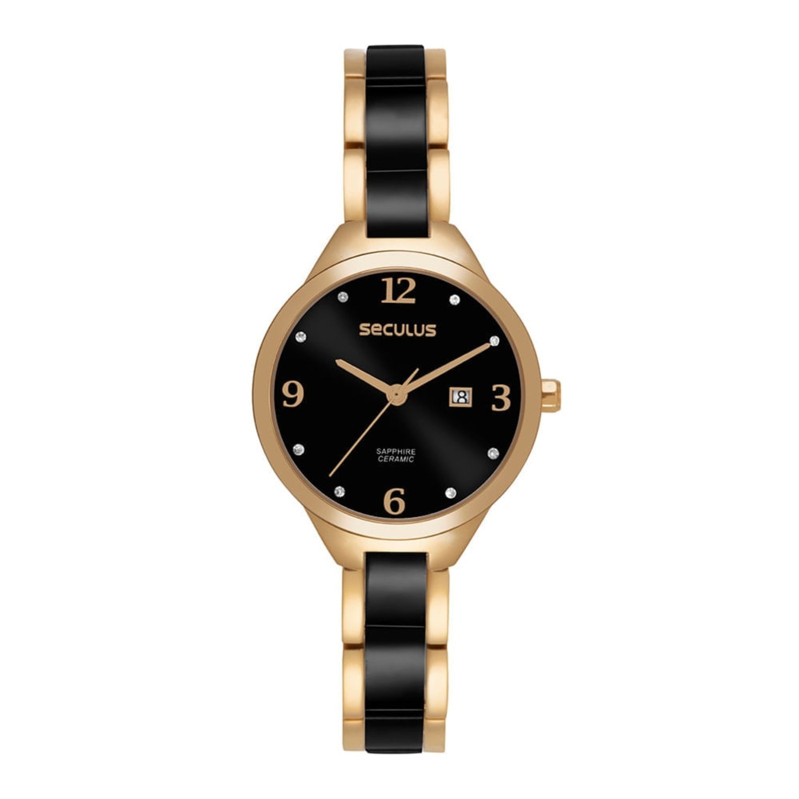Imagem principal Relógio Feminino Aço Preto Calendário Fecho Joalheria Seculus dourado