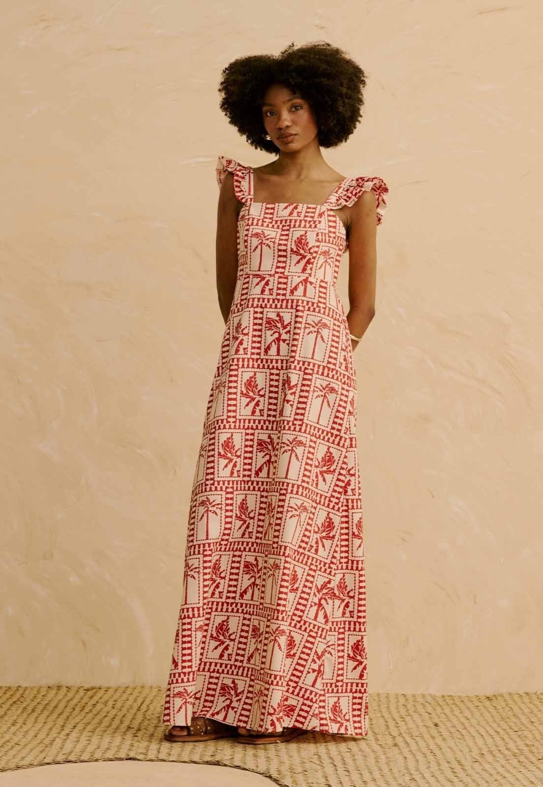 Imagem principal Vestido Longo Babado Manga Estampado Yura CaCay vermelho