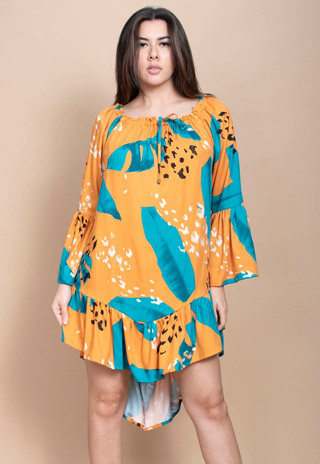 Imagem principal Vestido Curto Cabanafree Viscose Com Babados Estampa Aurora Botãnica Cabanafree azul/estampado/preto