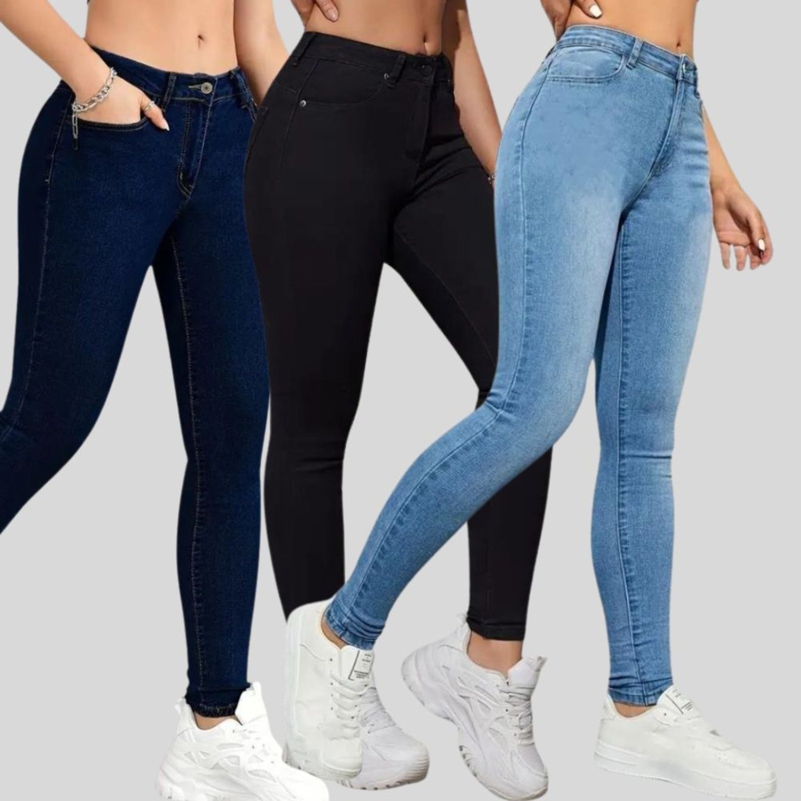 Imagem principal Kit 3 Calças Jeans Femininas Lavagem Clara, Preta e Lavagem Escura Cintura Alta Skinny TEX JEANS preto