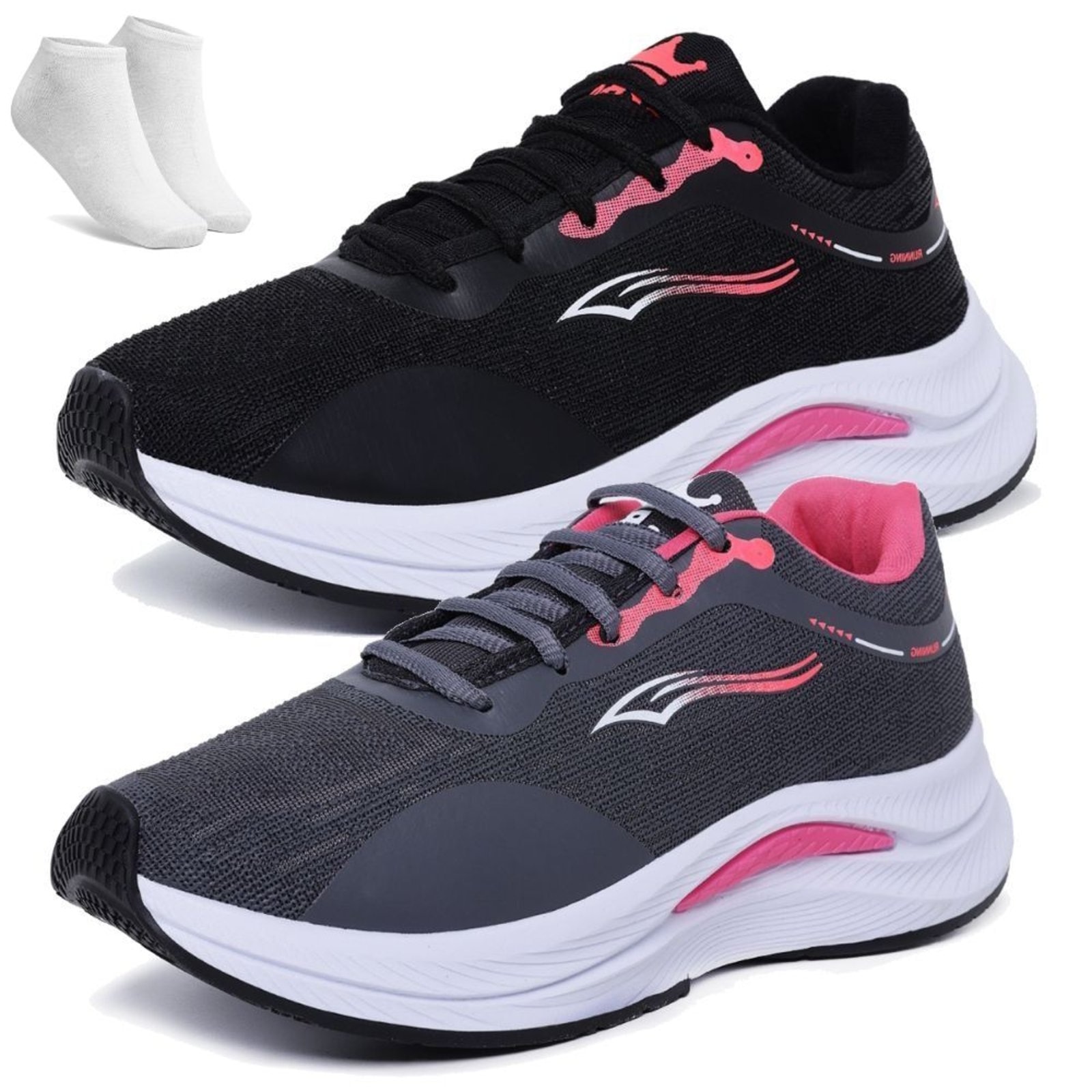 Imagem principal Kit 2 Tênis Feminino Academia Caminhada Esportivo Leve Macio e Grafite + Meia Yes Basic preto