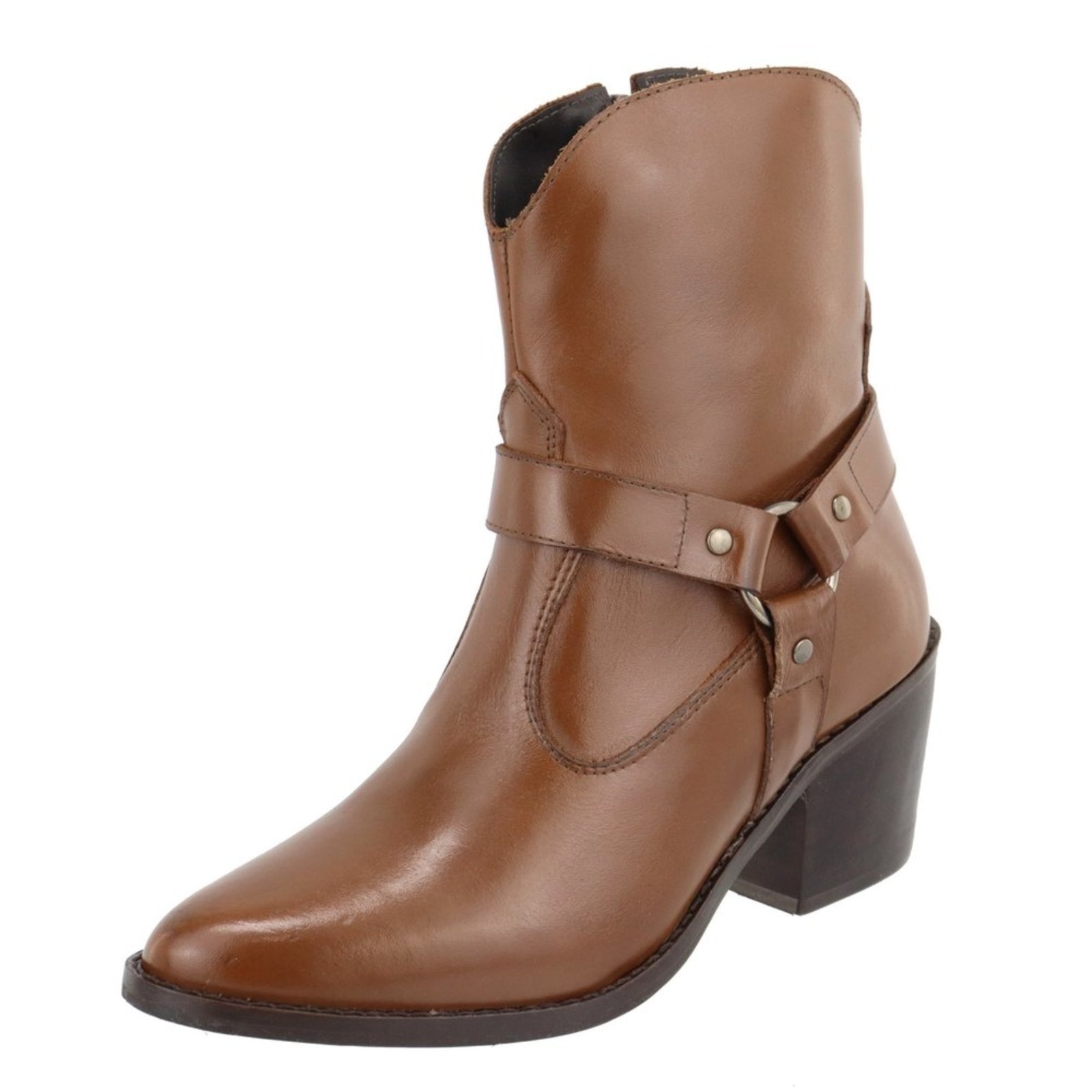 Imagem principal Bota em Couro Western Texana Bico Fino Cano Curto Country Conhaque TELLINI STORE caramelo