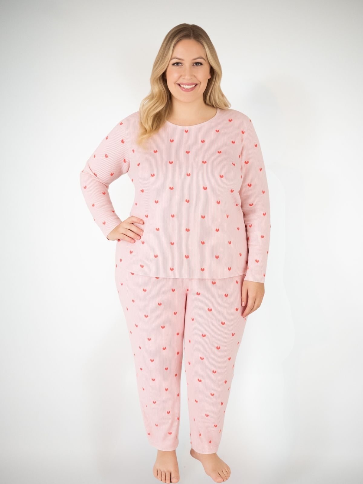 Imagem principal Pijama Algodão Plus Size Feminino Básico Longo Melissa - Listrado Corações Vermelho Piante rosa