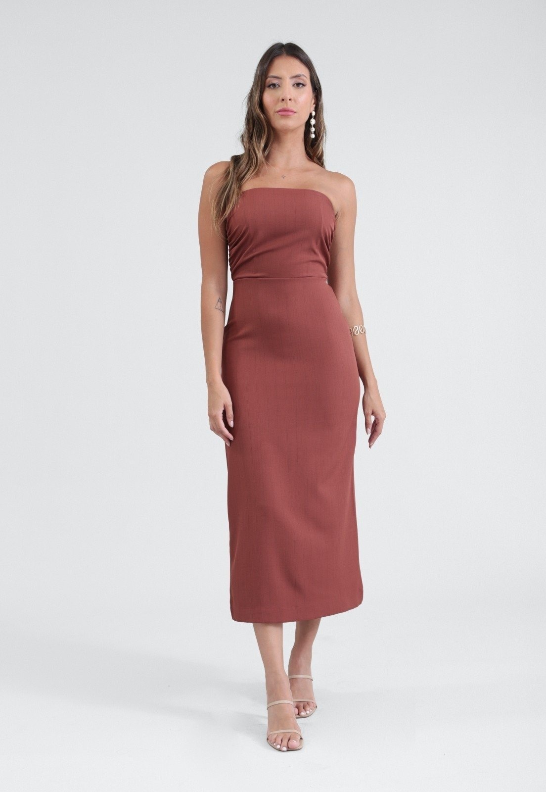 Imagem principal Vestido Pop Me Midi Tomara Que Caia Em Alfaiataria E Risca De Giz Pop Me marrom