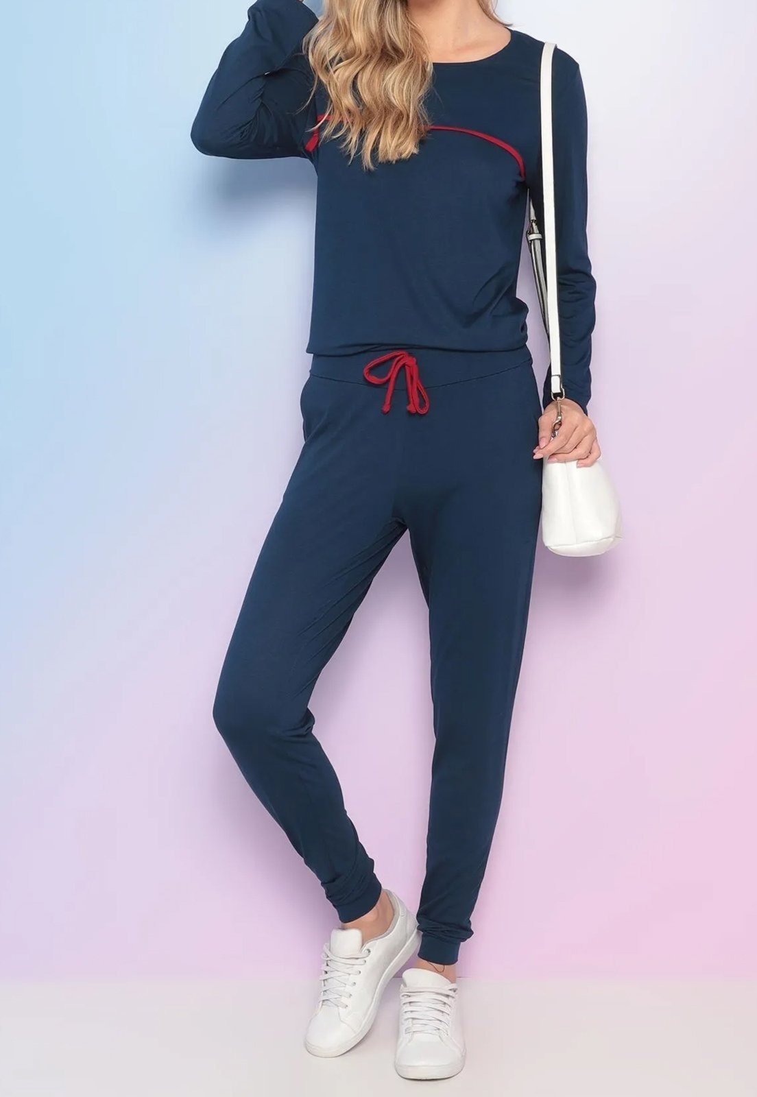 Imagem principal Conjunto Maria Paes Calça e Blusa Manga Longa Marinho com Viés Maria Paes azul marinho/vermelho