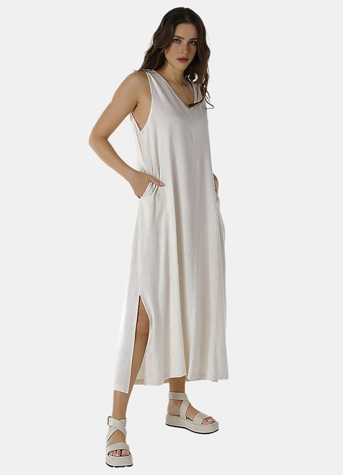 Imagem principal Vestido Longo de Linho Areia Gola V com Bolsos SOB bege