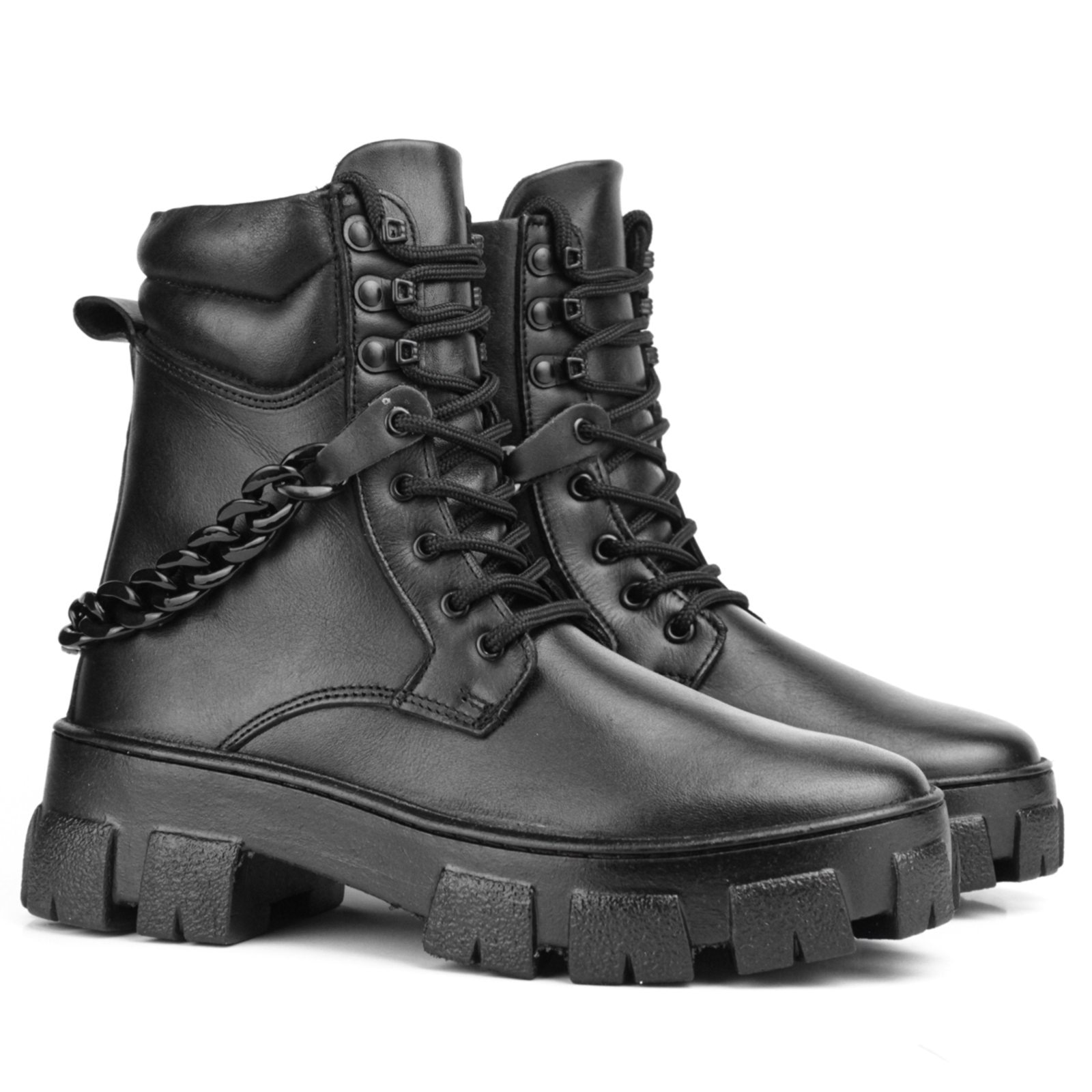 Imagem principal Bota Coturno Couro Militar Feminino Cano Médio Solado Tratorado Corrente Casual super shoes preto