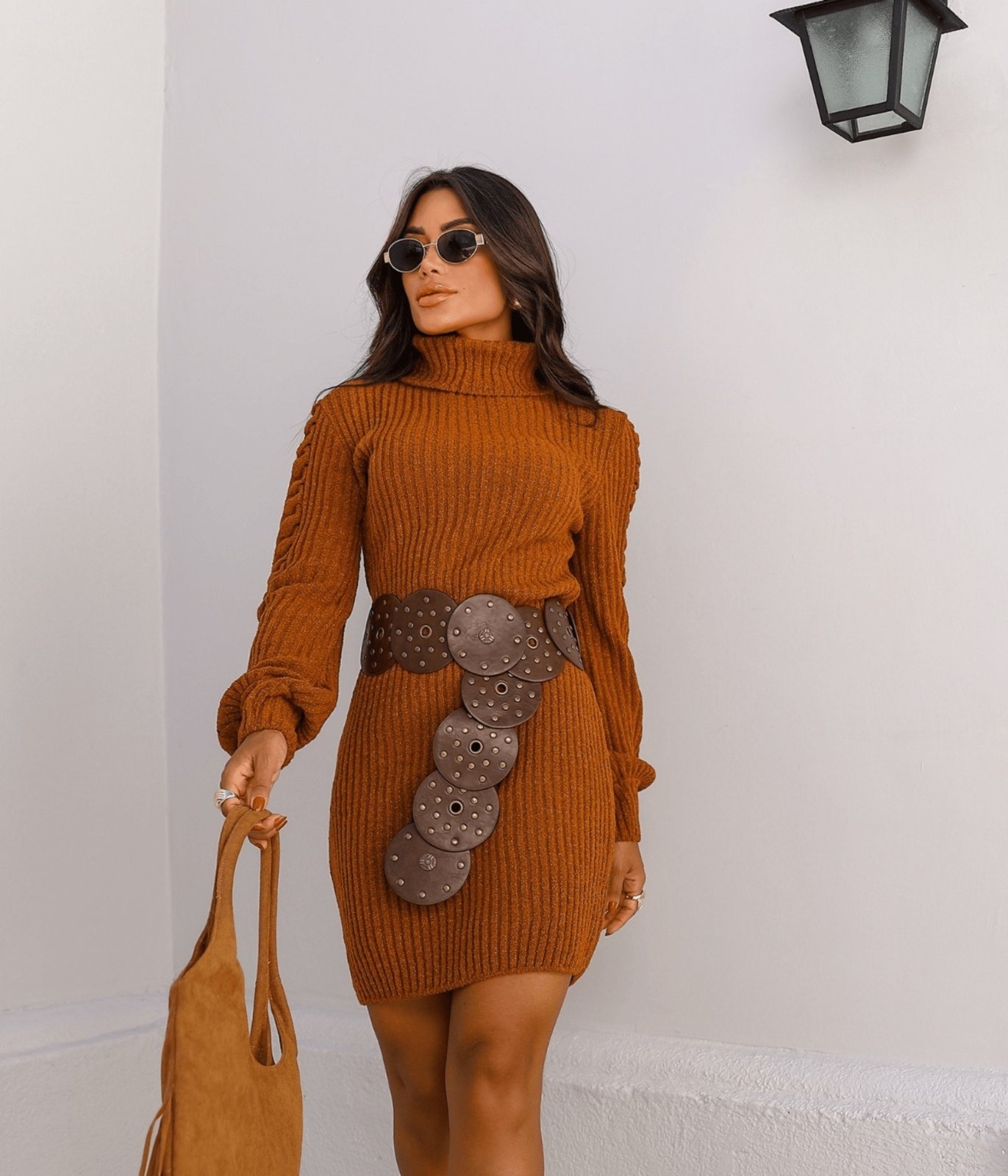 Imagem principal Vestido Mousse Cherry Line Tricô Manga Longa Bufante Lurex Ferrugem Cherry Line bronze