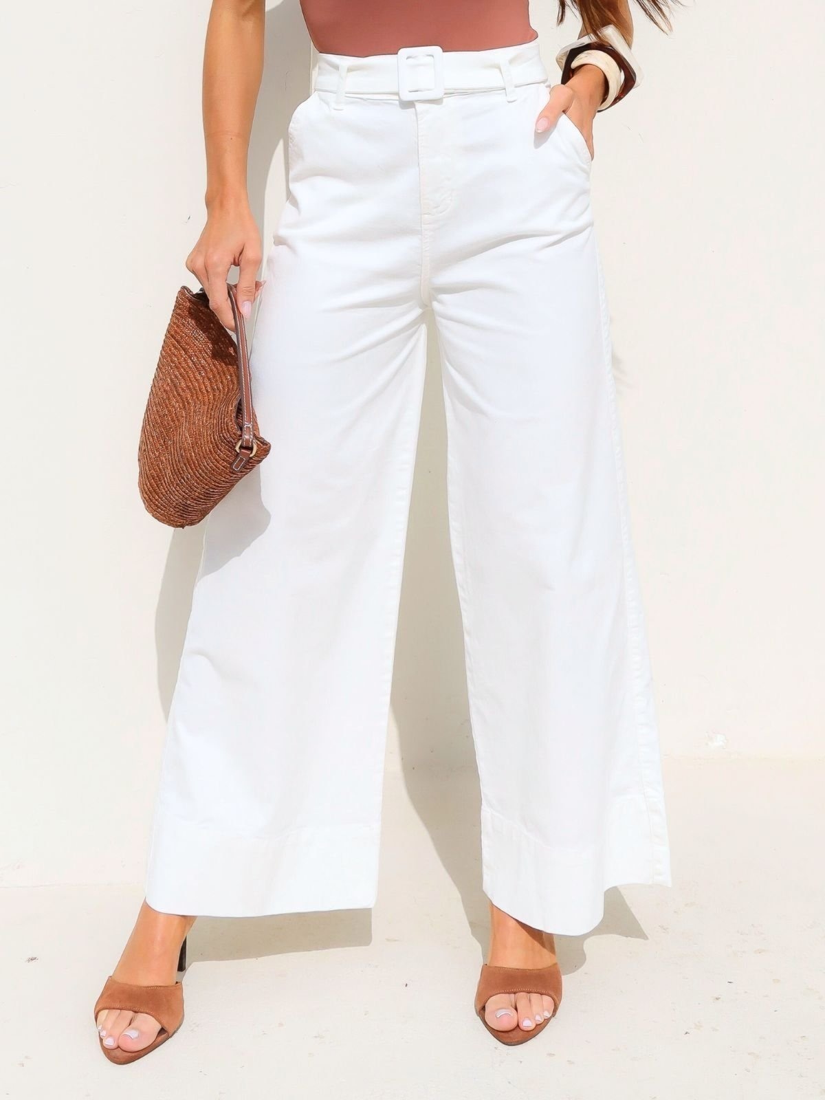 Imagem principal Calça Pantalona Feminina Cintura Alta Com Cinto Off-white Crawling off-white white