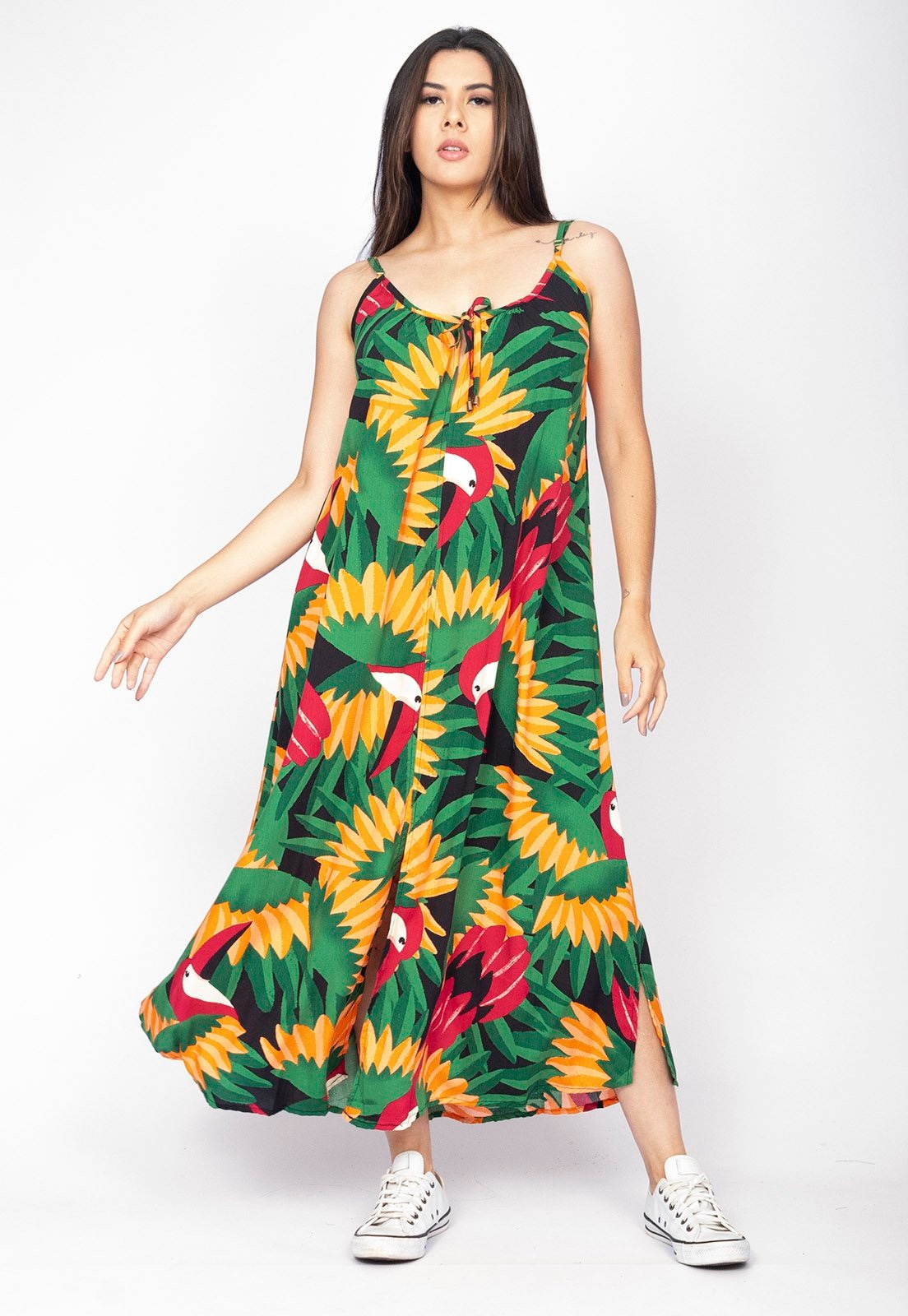 Imagem principal Vestido Longo Cabanafree Caçuá Viscose Alça Fina Estampa Festa dos Tucanos Cabanafree estampado/preto/vermelho