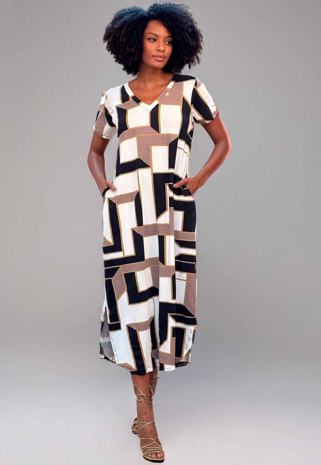 Imagem principal Vestido Cabanafree Midi Abapã Malha com Bolso Estampa Igaci Cabanafree estampado/marrom/preto