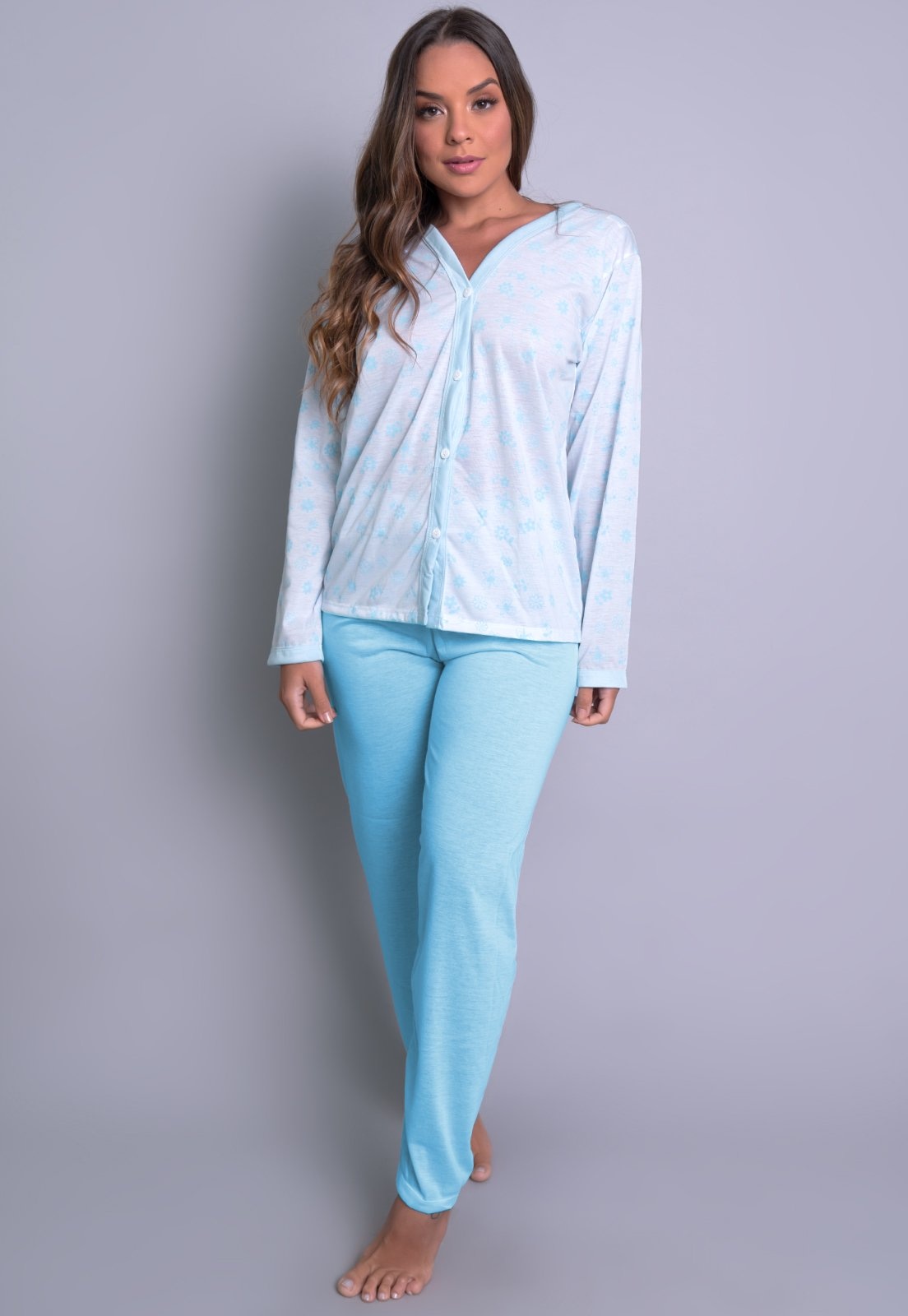 Imagem principal Pijama Longo MVB Modas Aberto Blusa Com Botões E Calça Adulto Mvb Modas azul